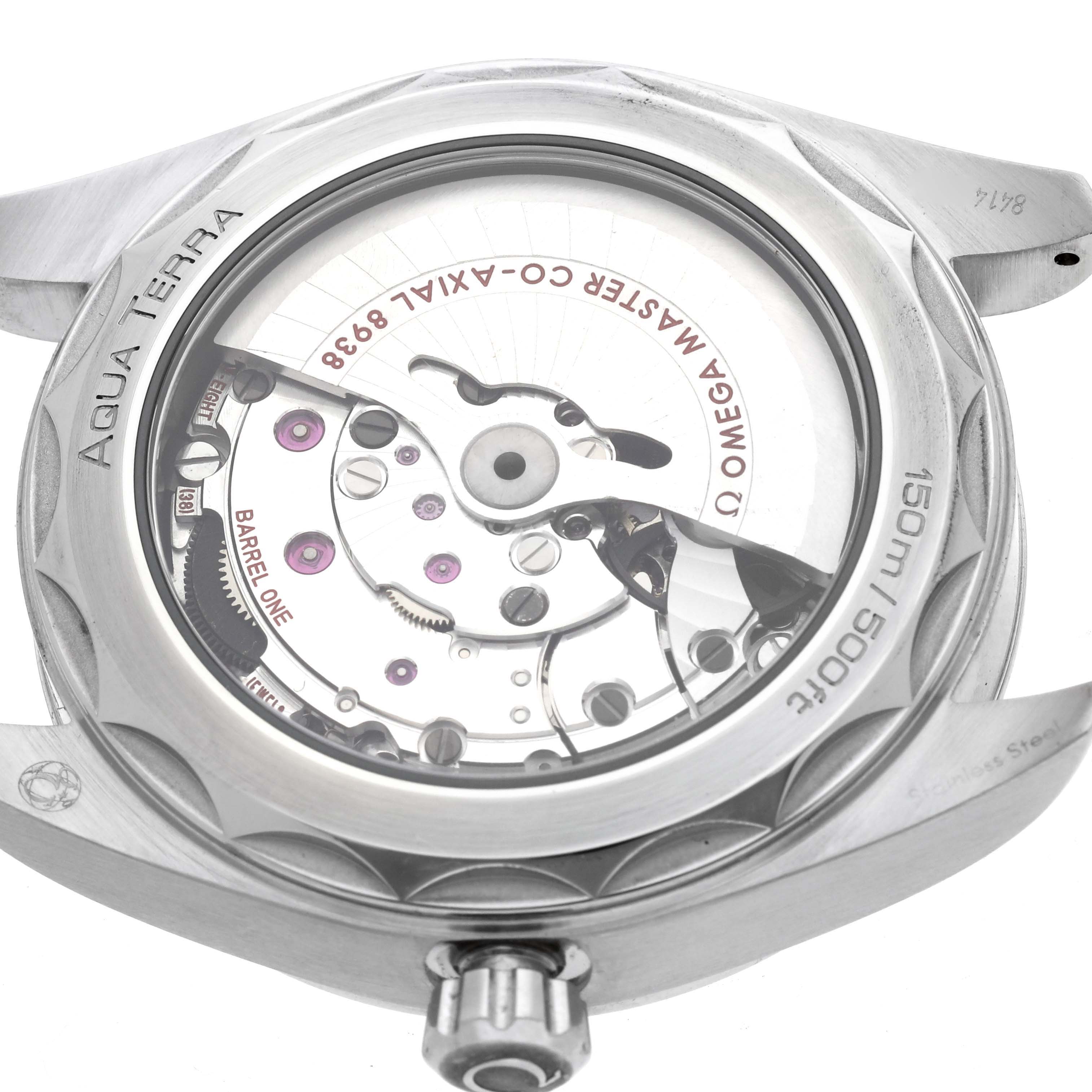 The Omega Aqua Terra 220.12.43.22.03.001 Men's Stainless Steel Blue Dial's case back is shown at an angle, highlighting the movement and inscriptions.