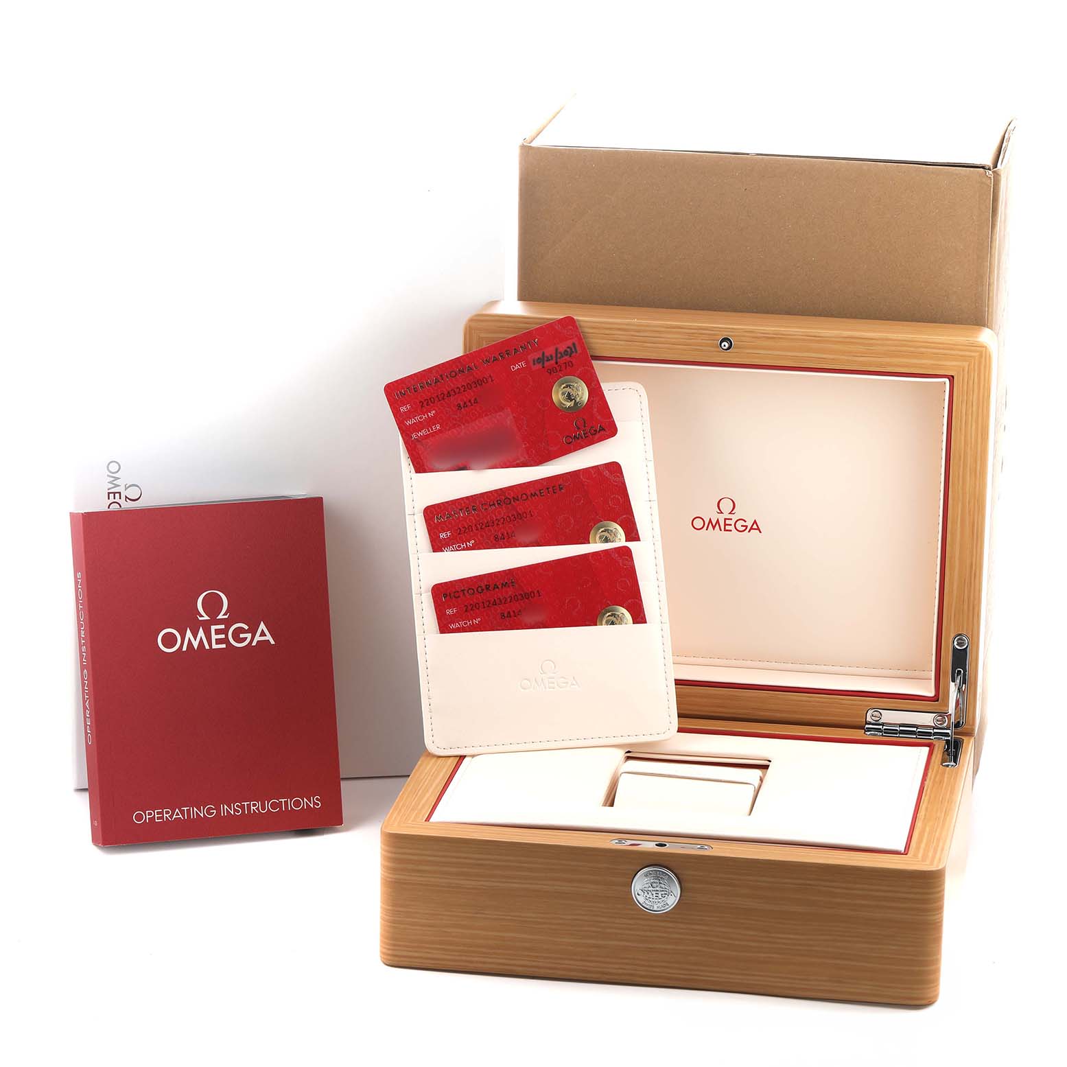 The Omega Aqua Terra 220.12.43.22.03.001 Men's Stainless Steel Blue Dial packaging includes a wooden box, operating instructions, and authentication cards.