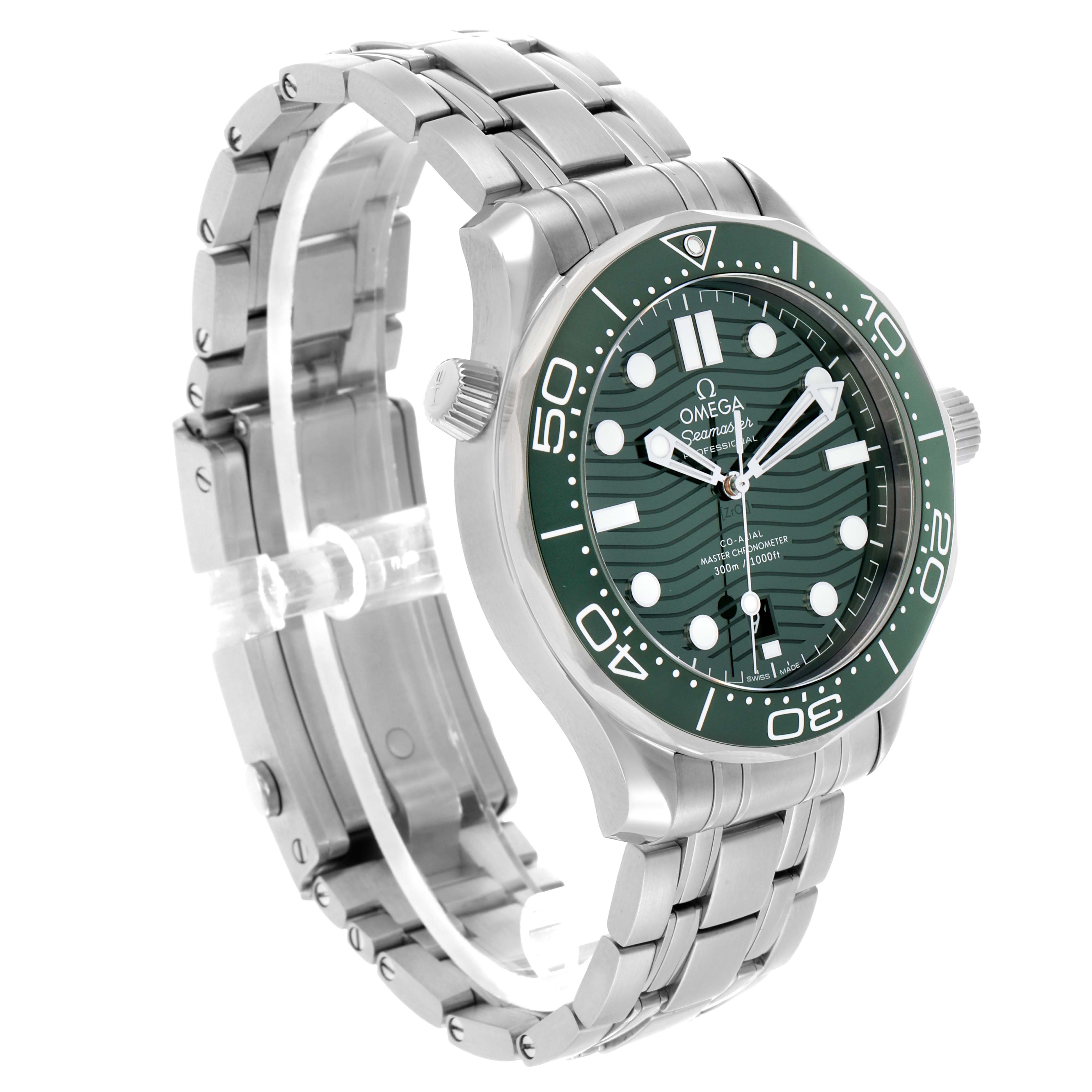 The Omega Seamaster 210.30.42.20.10.001 Men's Stainless Steel Green Dial watch is shown at a three-quarter angle, highlighting the green dial, bezel, and stainless steel bracelet.
