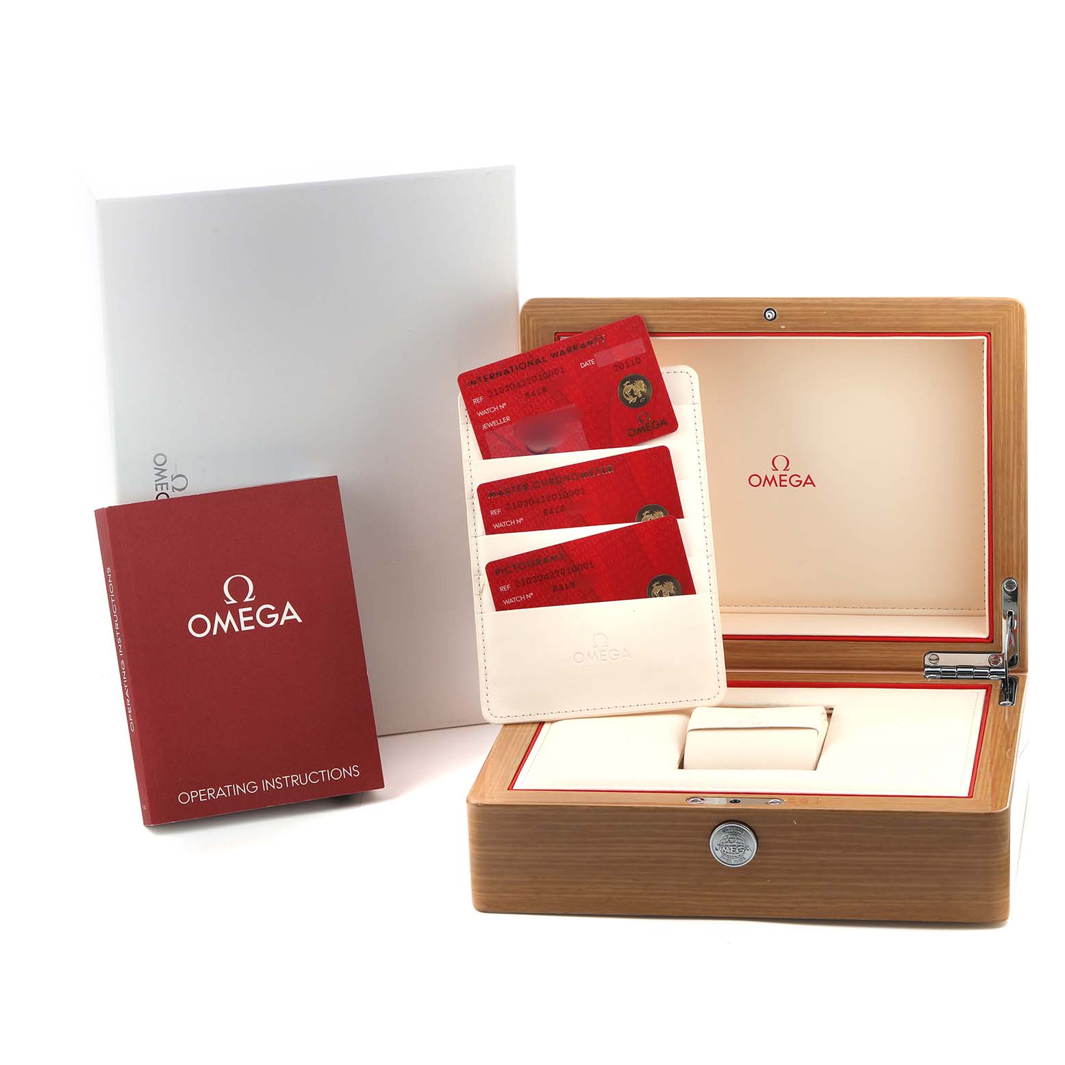 The image shows the watch box for an Omega Seamaster 210.30.42.20.10.001 Men's Stainless Steel Green Dial, along with the operating instructions and red identification cards.