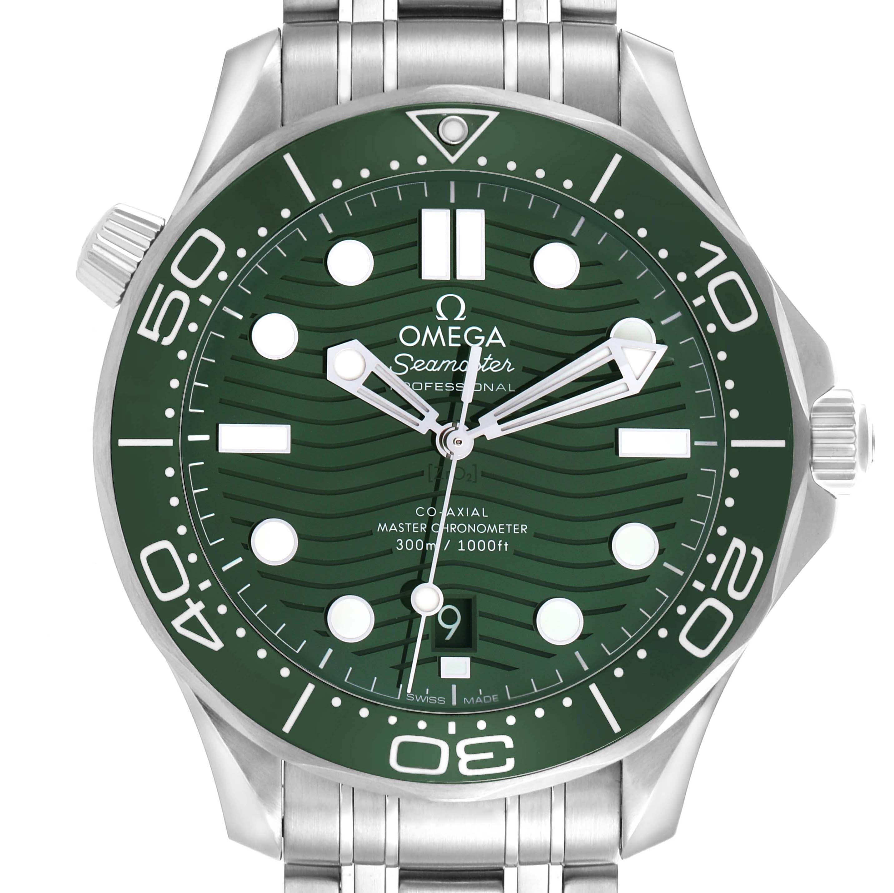 The Omega Seamaster 210.30.42.20.10.001 Men's Stainless Steel Green Dial watch is shown from the front, highlighting the green dial, bezel, and part of the bracelet.