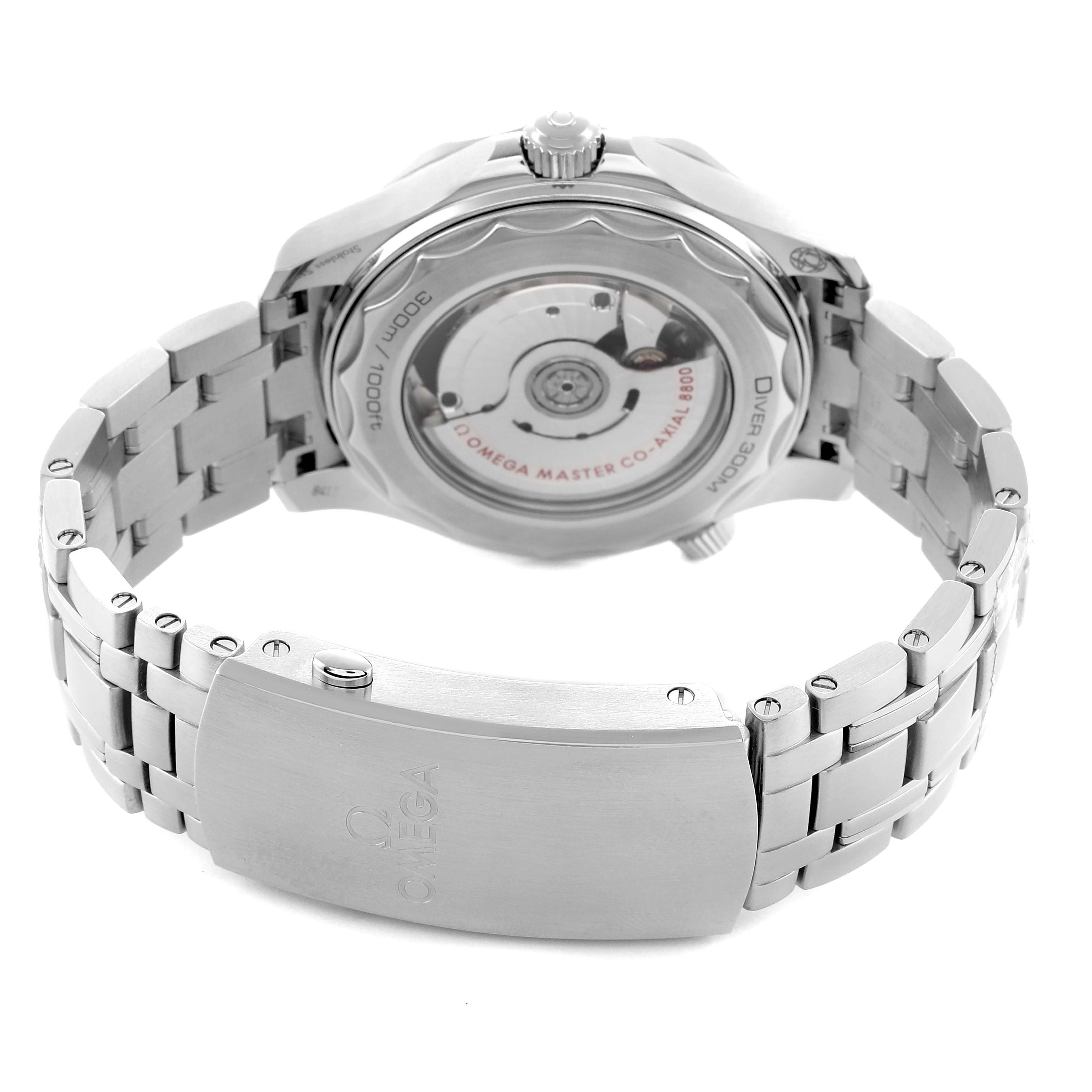 The image shows the back view of an Omega Seamaster 210.30.42.20.10.001 Men's Stainless Steel Green Dial watch, highlighting the movement and bracelet clasp.