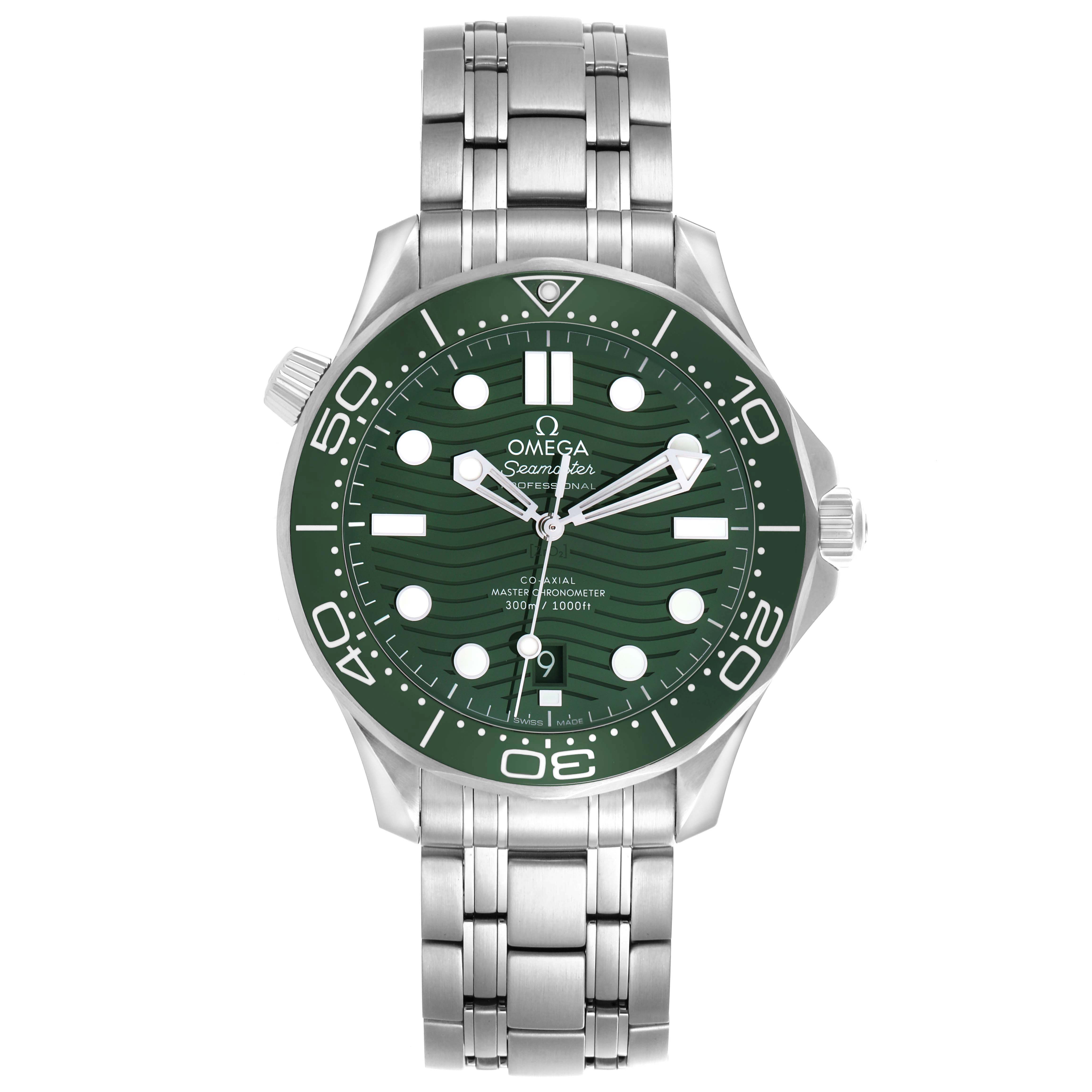 The Omega Seamaster 210.30.42.20.10.001 Men's Stainless Steel Green Dial watch is shown from a front angle, displaying its green dial, bezel, and stainless steel bracelet.