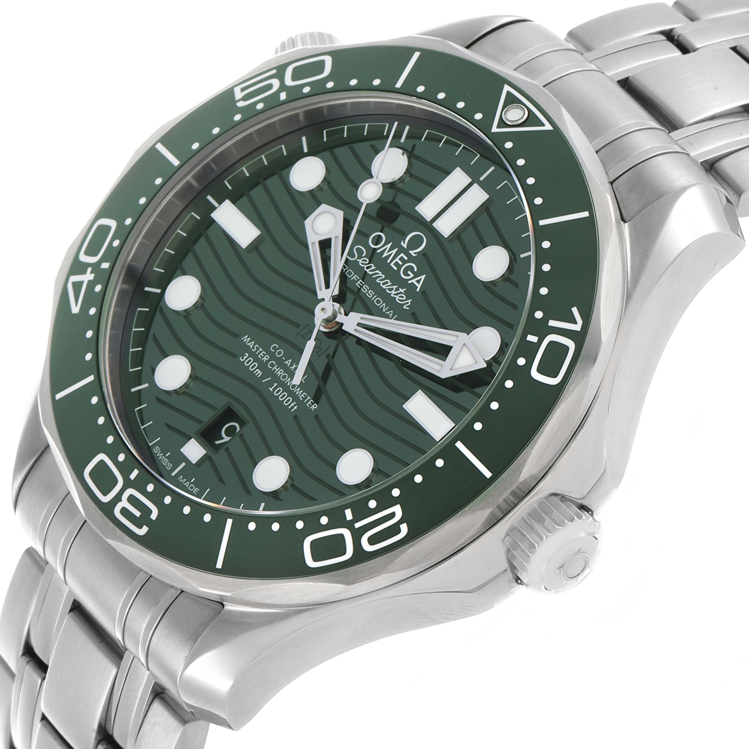 The Omega Seamaster 210.30.42.20.10.001 Men's Stainless Steel Green Dial watch is shown from a three-quarter angle, highlighting the dial, bezel, and bracelet.