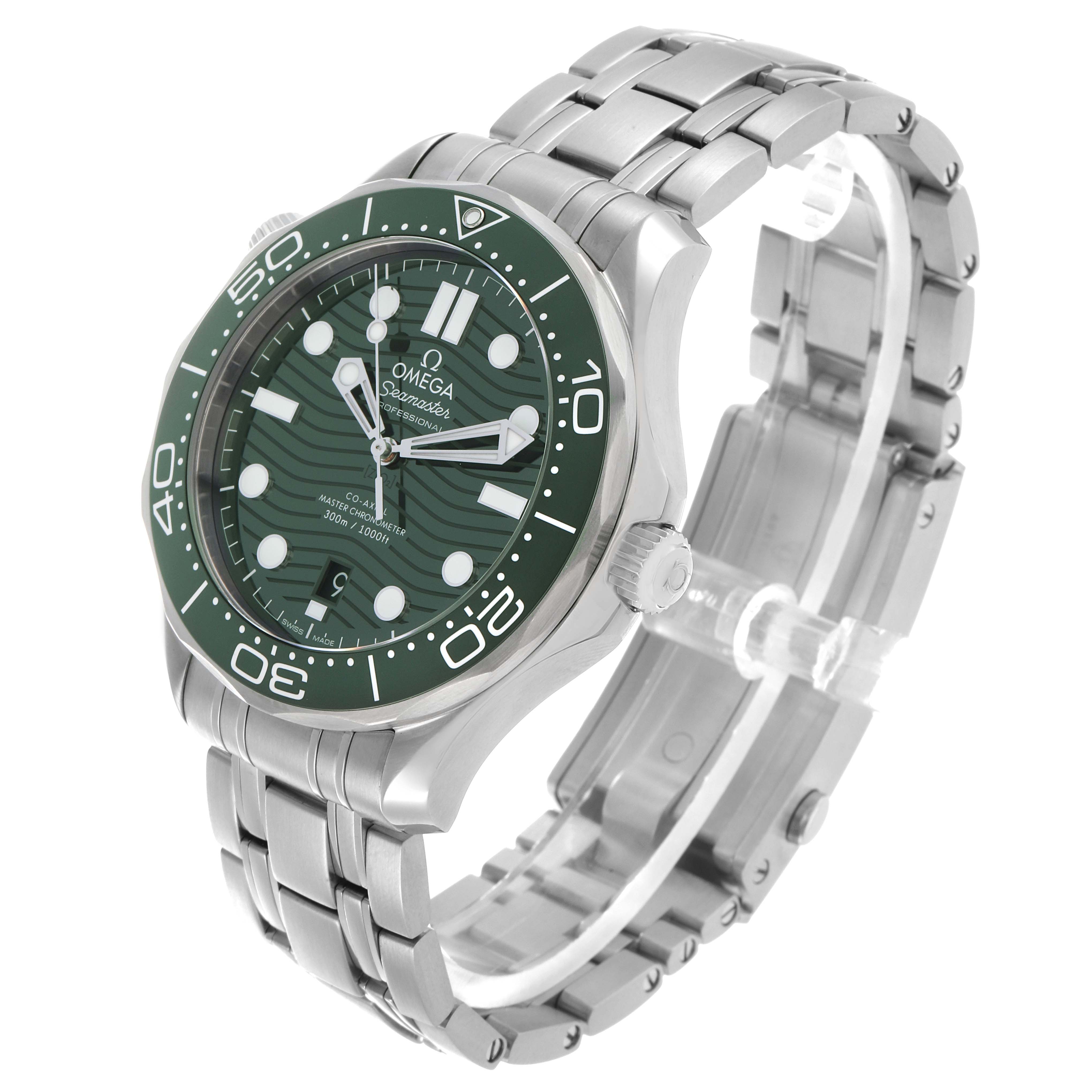 The Omega Seamaster 210.30.42.20.10.001 Men's Stainless Steel Green Dial watch is shown at a three-quarter angle, displaying the green dial, bezel, and stainless steel bracelet.
