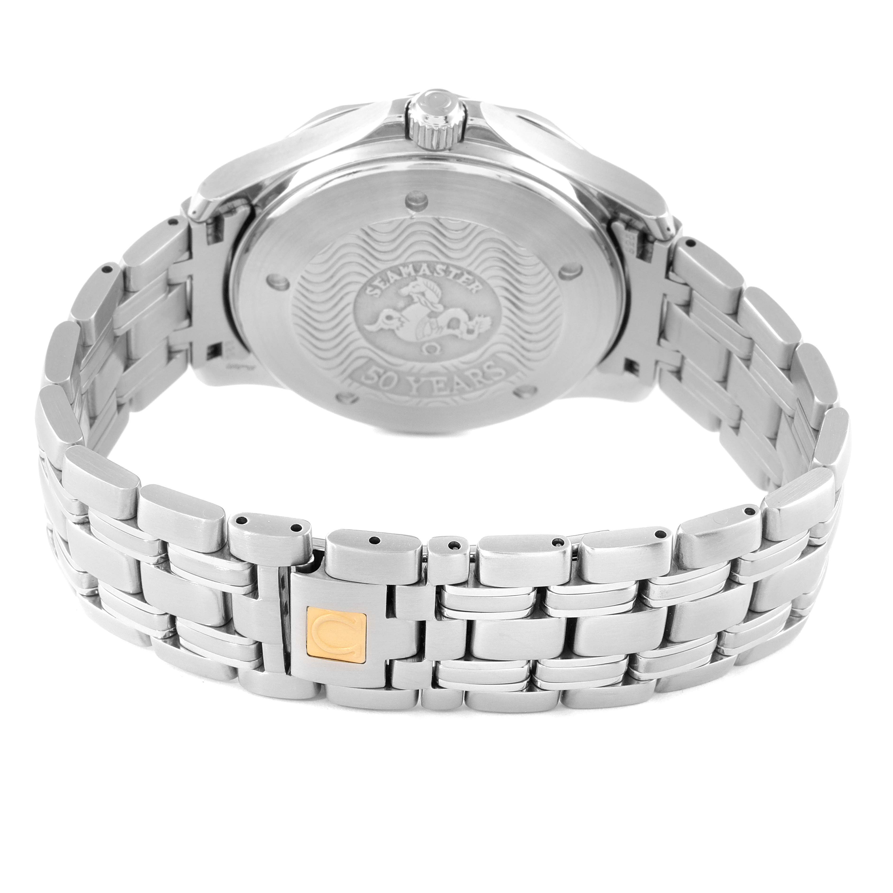 The image shows the back and bracelet of an Omega Seamaster 2534.50.00 Men's Stainless Steel Black Dial 2534.50.00 Men's Stainless Steel Black Dial watch with "150 years" engraved on the case back.