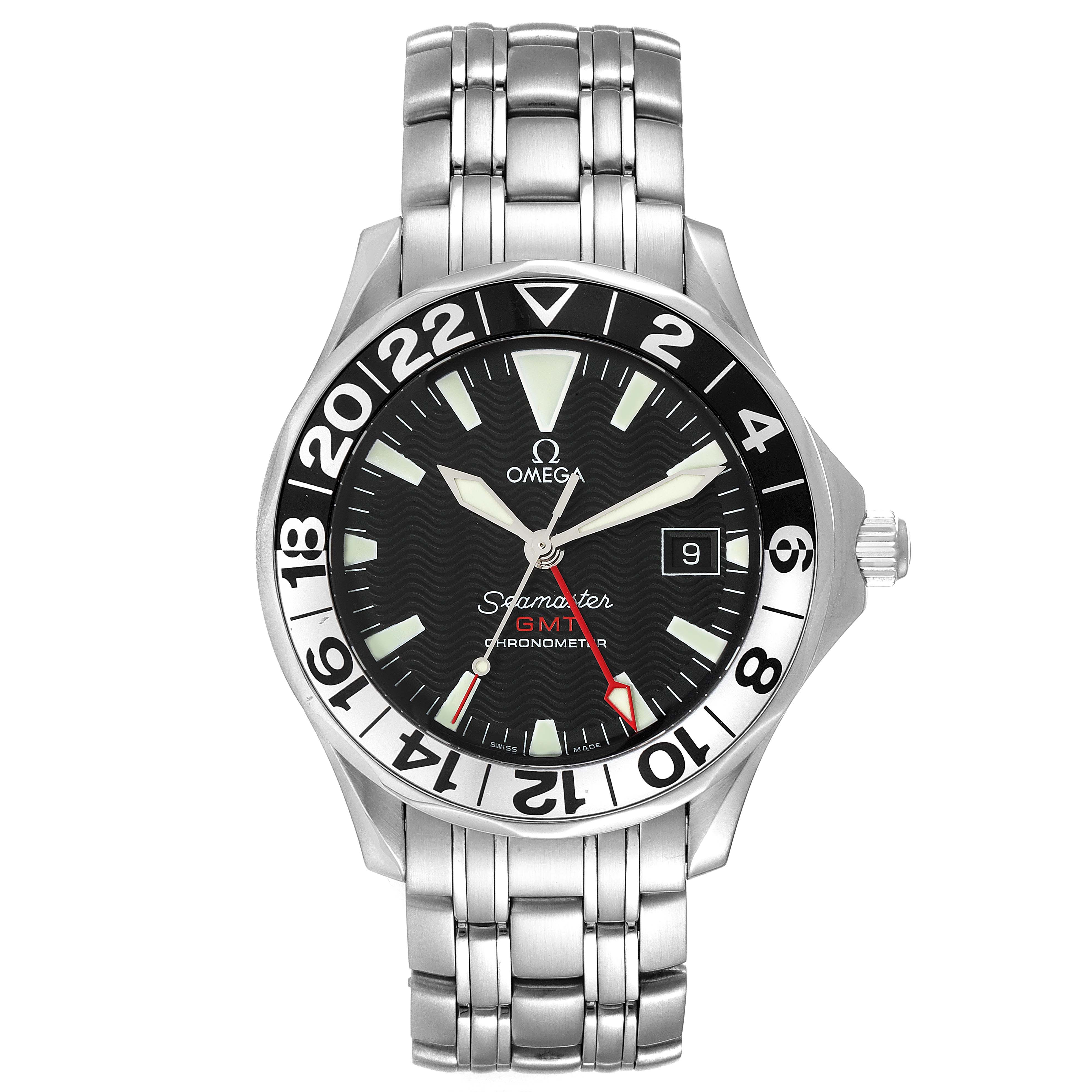 The image shows a front view of an Omega Seamaster 2534.50.00 Men's Stainless Steel Black Dial 2534.50.00 Men's Stainless Steel Black Dial GMT Chronometer watch with a black dial and a stainless steel bracelet.