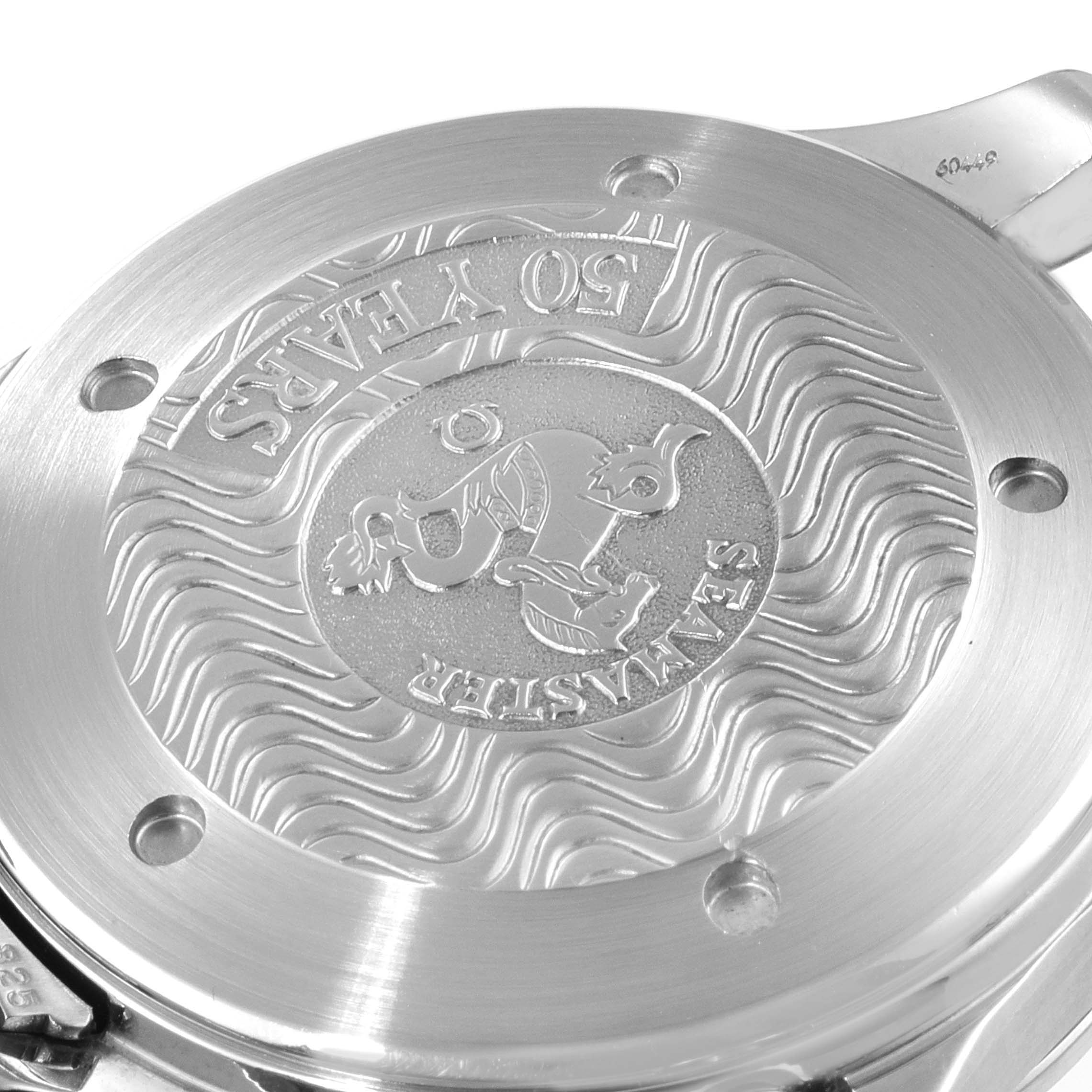 This image shows the case back of the Omega Seamaster 2534.50.00 Men's Stainless Steel Black Dial 2534.50.00 Men's Stainless Steel Black Dial watch, displaying the logo and engraved design.