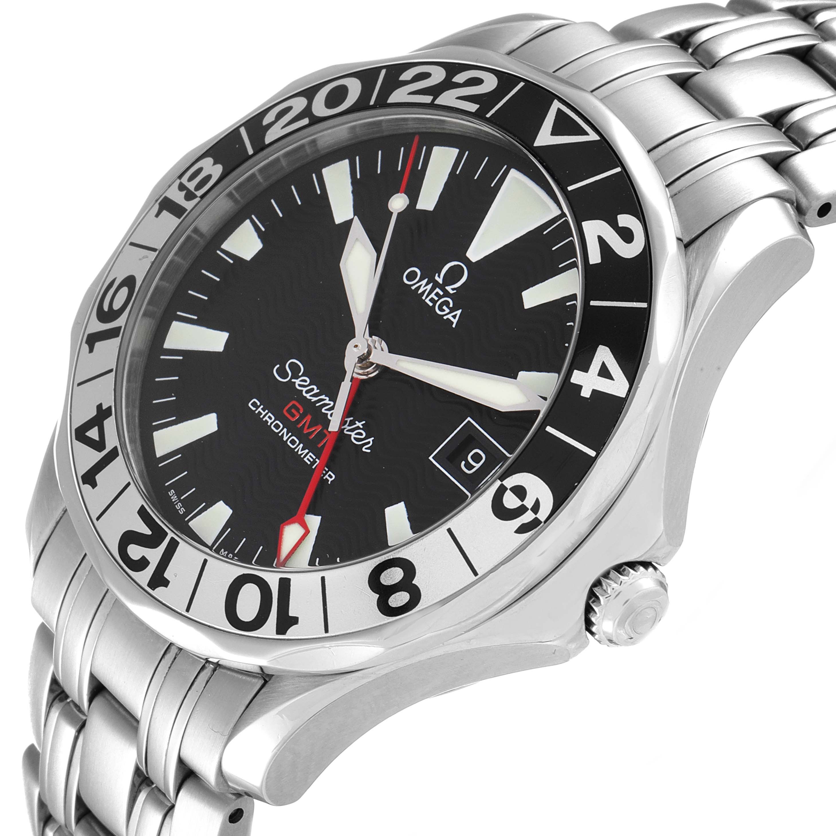 The image shows an angled view of an Omega Seamaster 2534.50.00 Men's Stainless Steel Black Dial 2534.50.00 Men's Stainless Steel Black Dial watch, highlighting the dial, bezel, and part of the bracelet.