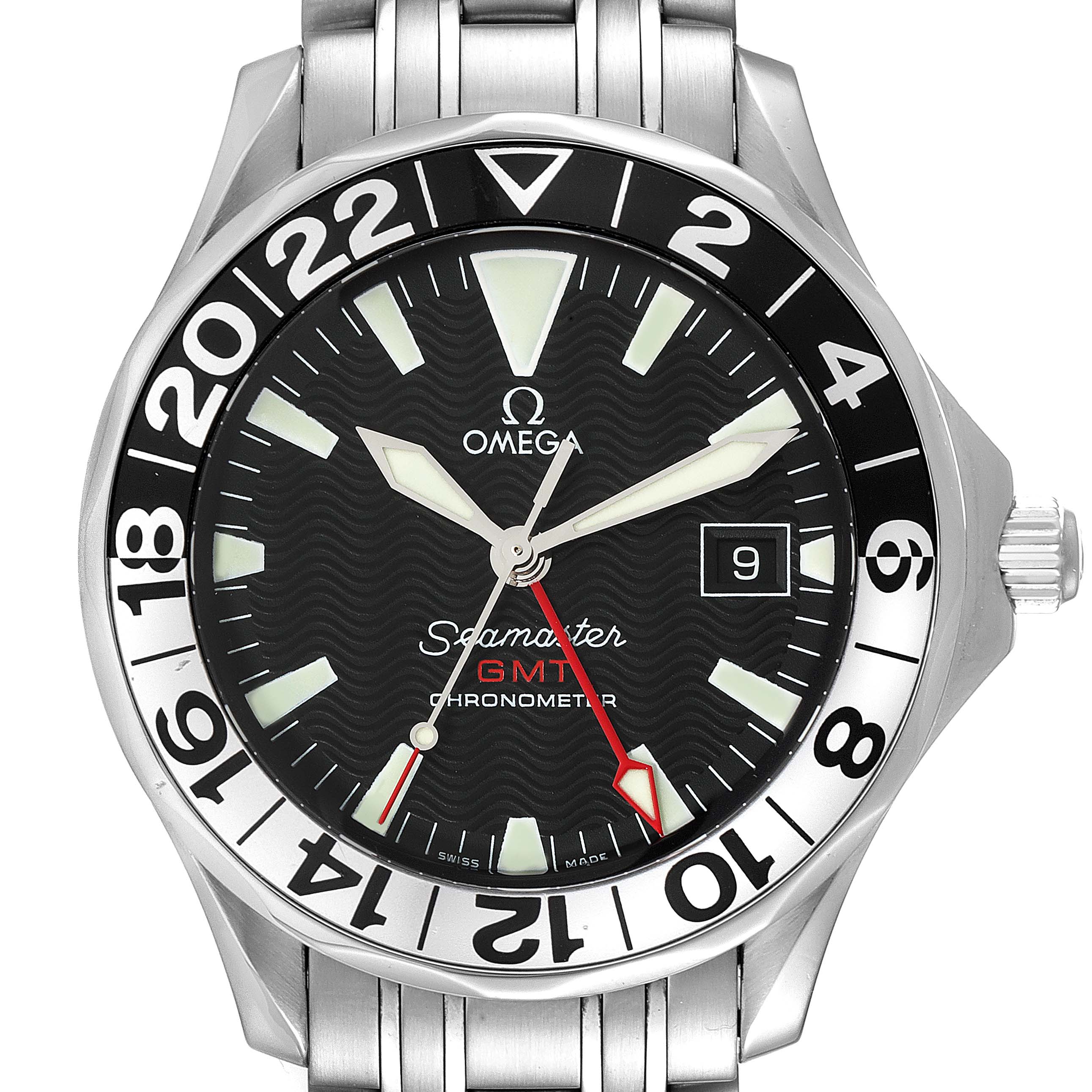 This is a front view of the Omega Seamaster 2534.50.00 Men's Stainless Steel Black Dial 2534.50.00 Men's Stainless Steel Black Dial GMT Chronometer watch, showing the dial, bezel, and part of the bracelet.