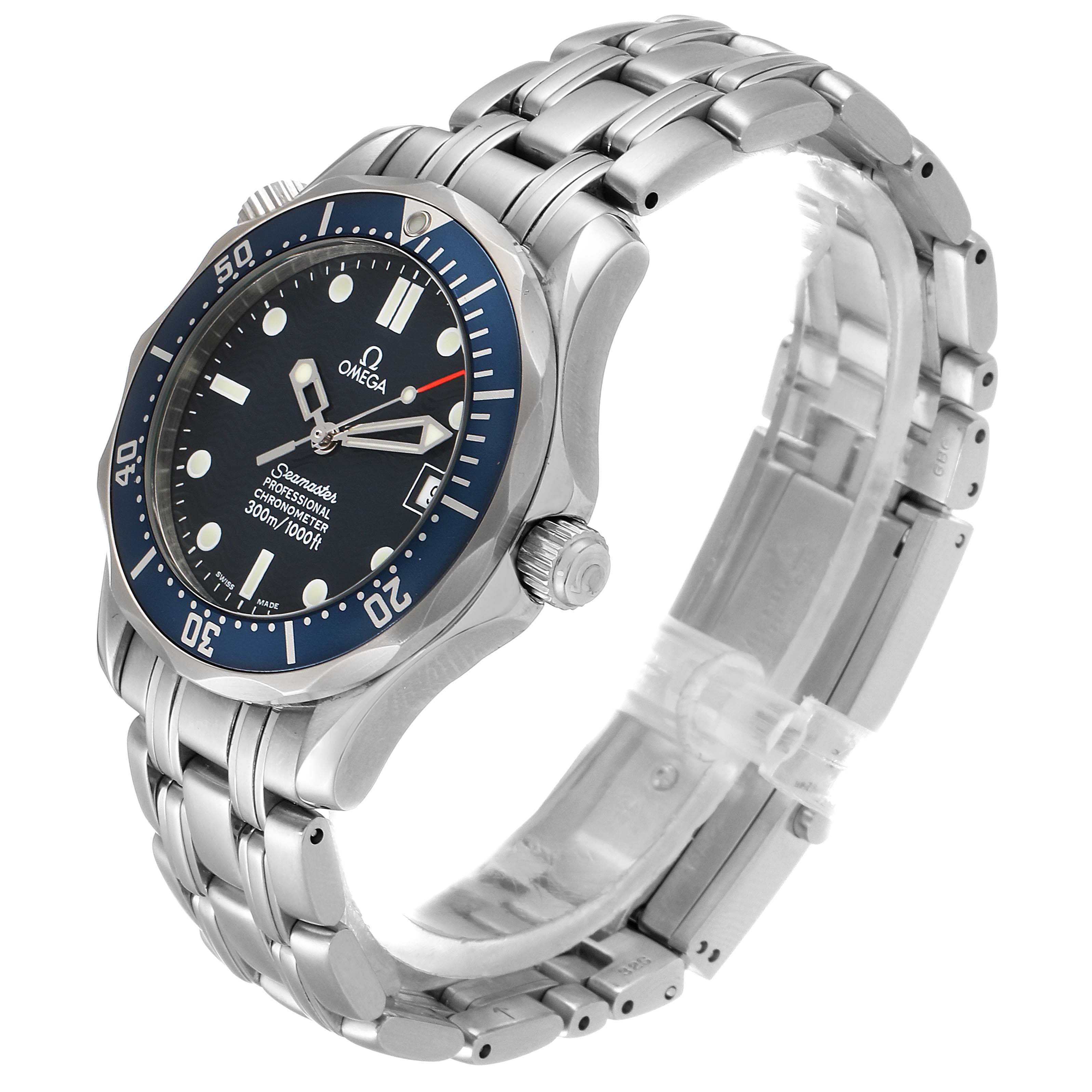 The Omega Seamaster 2551.80.00 Men
s Stainless Steel Blue Dial 2551.80.00 Men
s Stainless Steel Blue Dial watch is shown at a three-quarter angle, highlighting its face, bezel, crown, and bracelet.