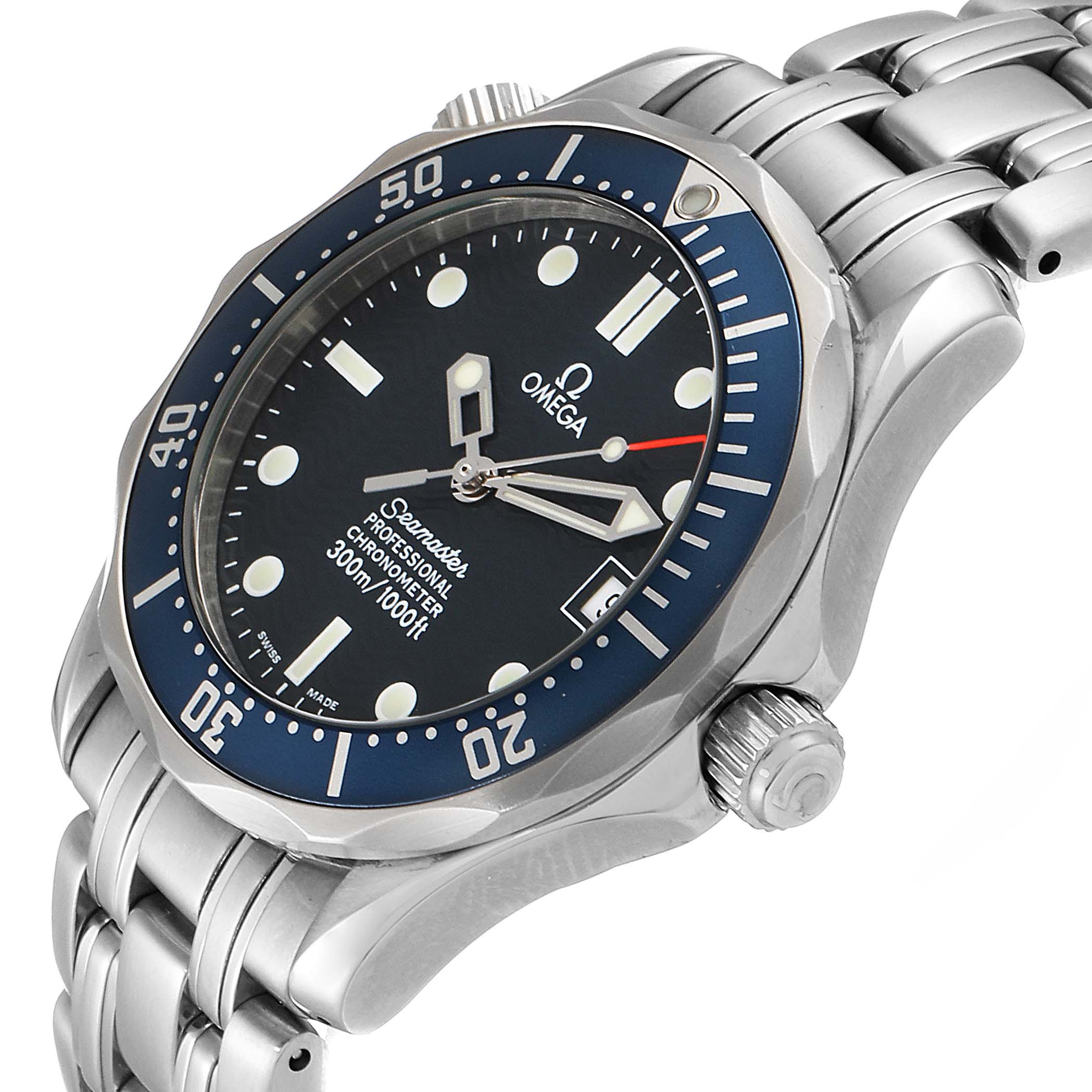 The Omega Seamaster 2551.80.00 Men
s Stainless Steel Blue Dial 2551.80.00 Men
s Stainless Steel Blue Dial watch is shown at a three-quarter angle, highlighting the dial, bezel, crown, and metal bracelet.