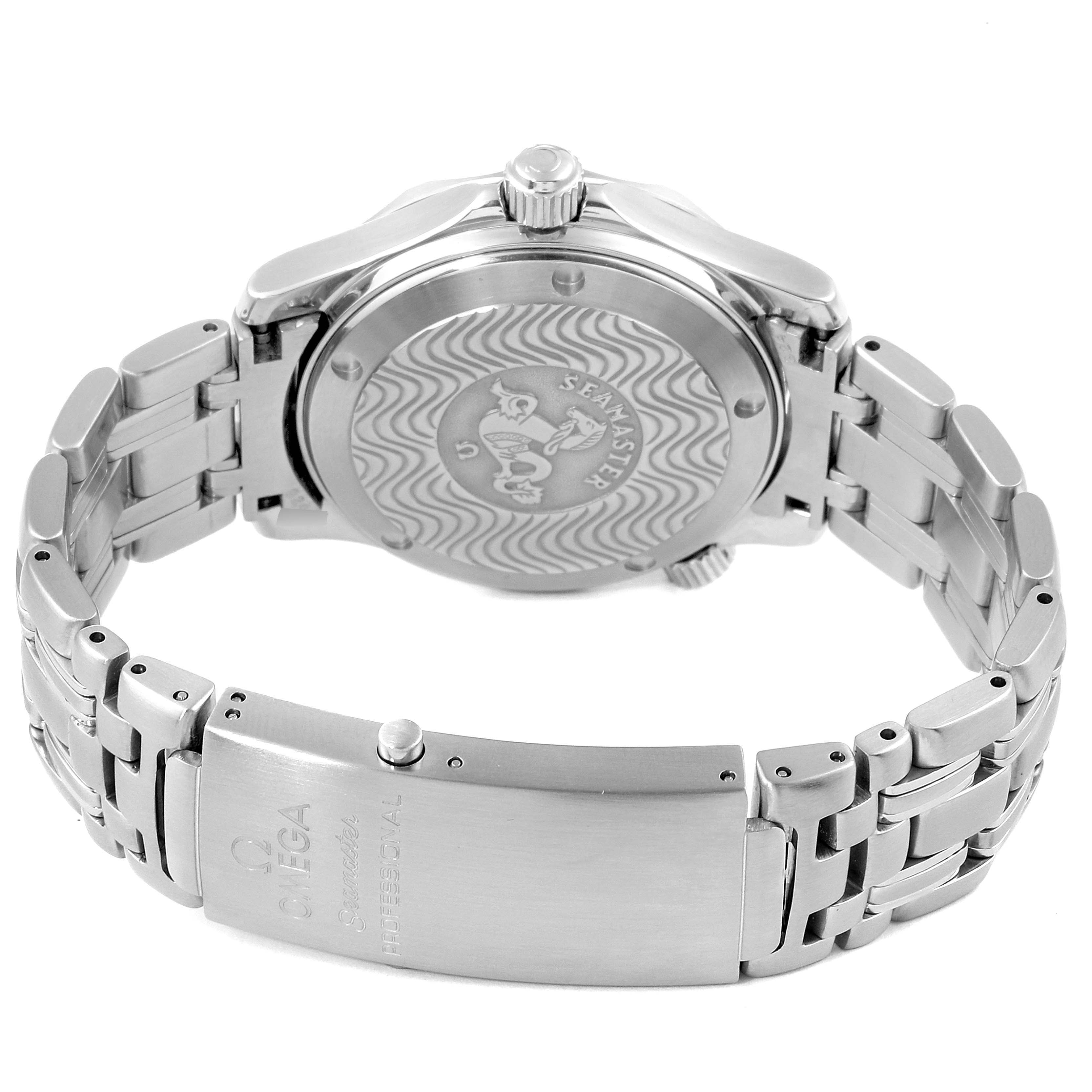 This image shows the back case and bracelet clasp of an Omega Seamaster 2551.80.00 Men
s Stainless Steel Blue Dial 2551.80.00 Men
s Stainless Steel Blue Dial watch from a rear angle.