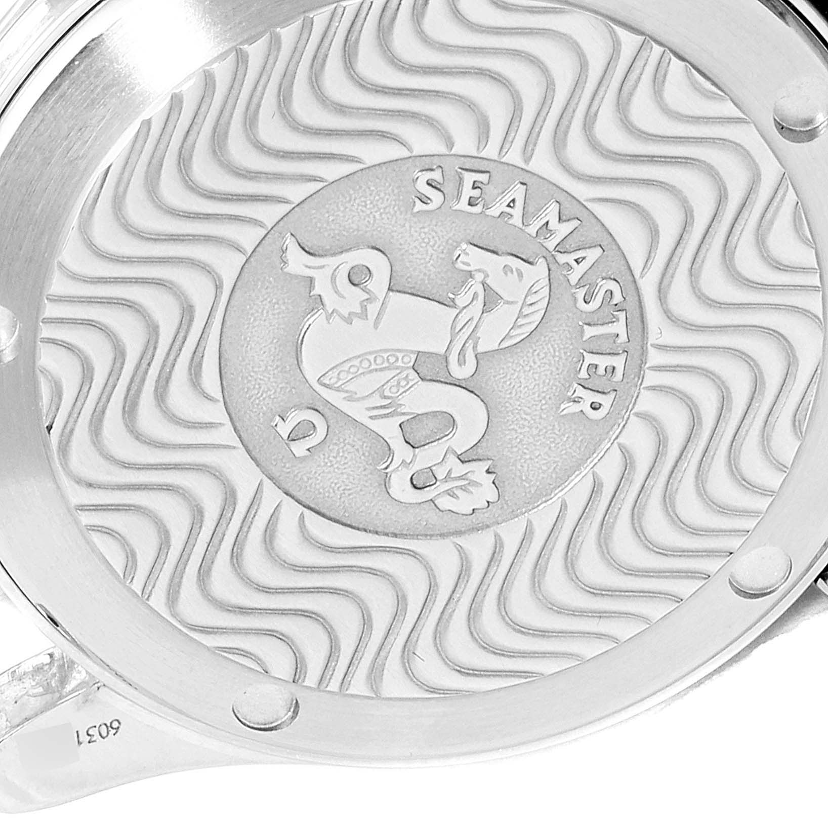 The image displays the back case of the Omega Seamaster 2551.80.00 Men
s Stainless Steel Blue Dial 2551.80.00 Men
s Stainless Steel Blue Dial watch, featuring the engraved Seamaster logo.