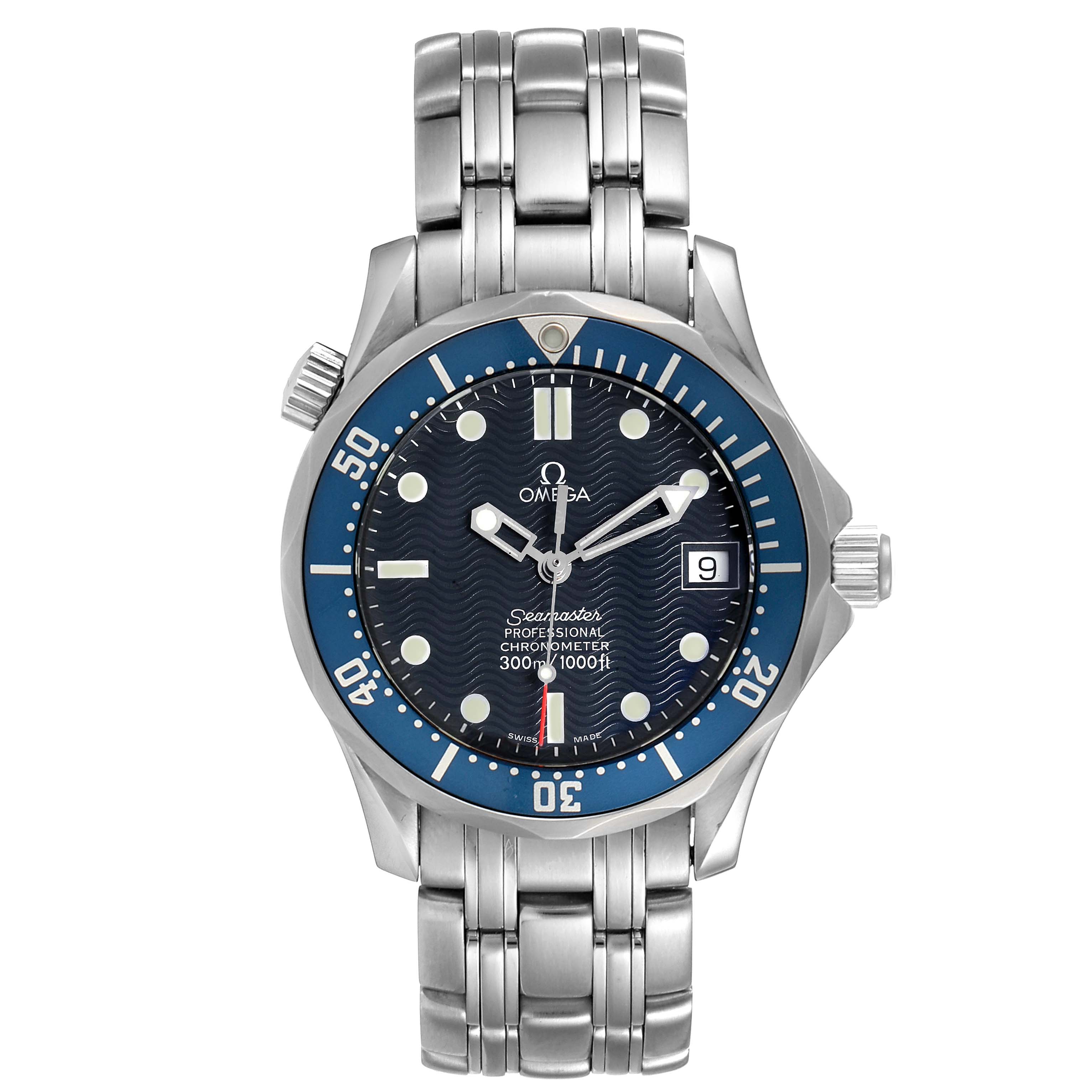 The image shows a front view of the Omega Seamaster 2551.80.00 Men
s Stainless Steel Blue Dial 2551.80.00 Men
s Stainless Steel Blue Dial wristwatch, highlighting the dial, bezel, and bracelet.