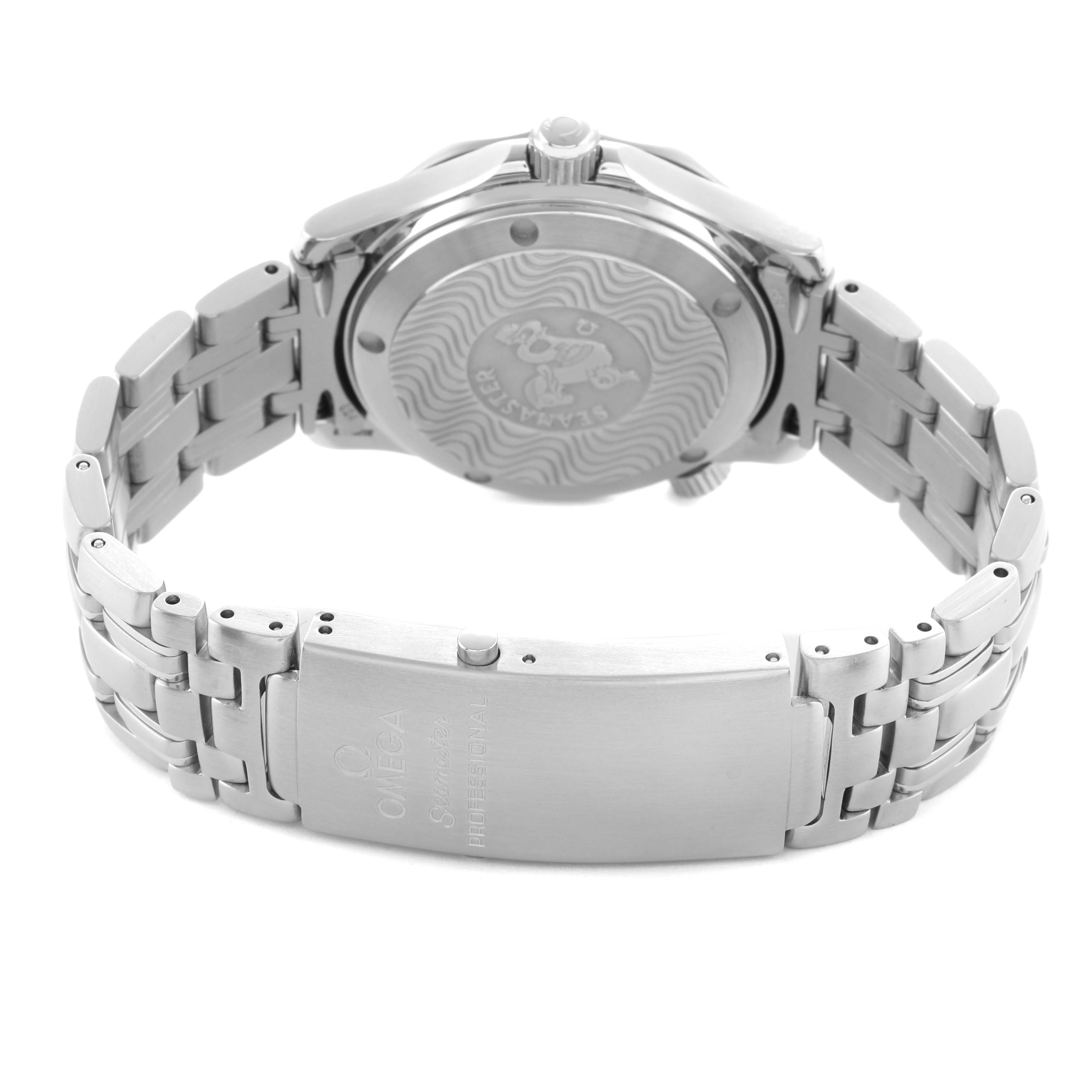 The Omega Seamaster 2551.80.00 Men's Stainless Steel Blue Dial watch is shown from a rear angle, highlighting the case back and metal bracelet clasp.