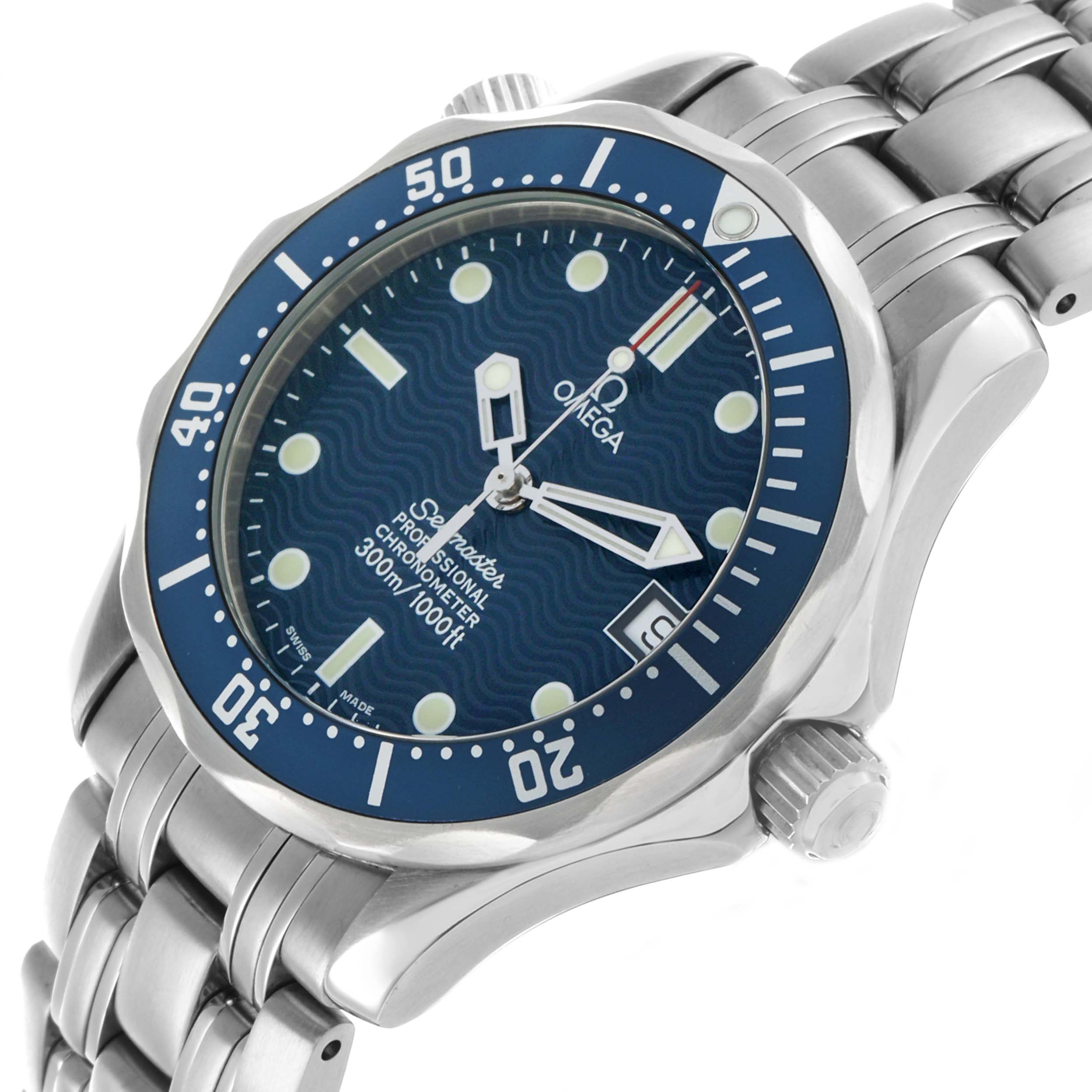 The Omega Seamaster 2551.80.00 Men's Stainless Steel Blue Dial watch is shown at an angle displaying the dial, bezel, crown, and part of the bracelet.