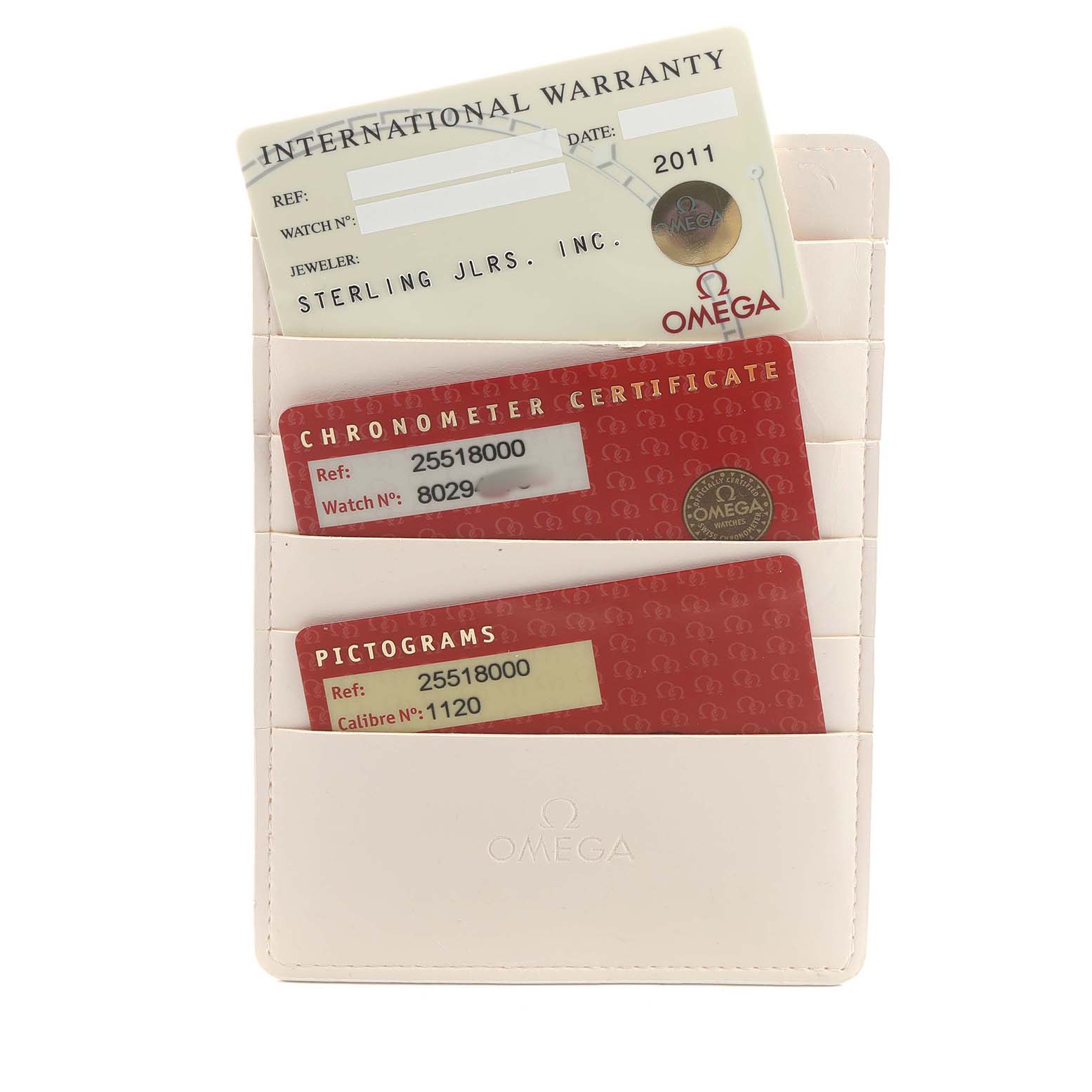 The image shows Omega Seamaster 2551.80.00 Men's Stainless Steel Blue Dial warranty cards and certificates in an Omega-branded cardholder.