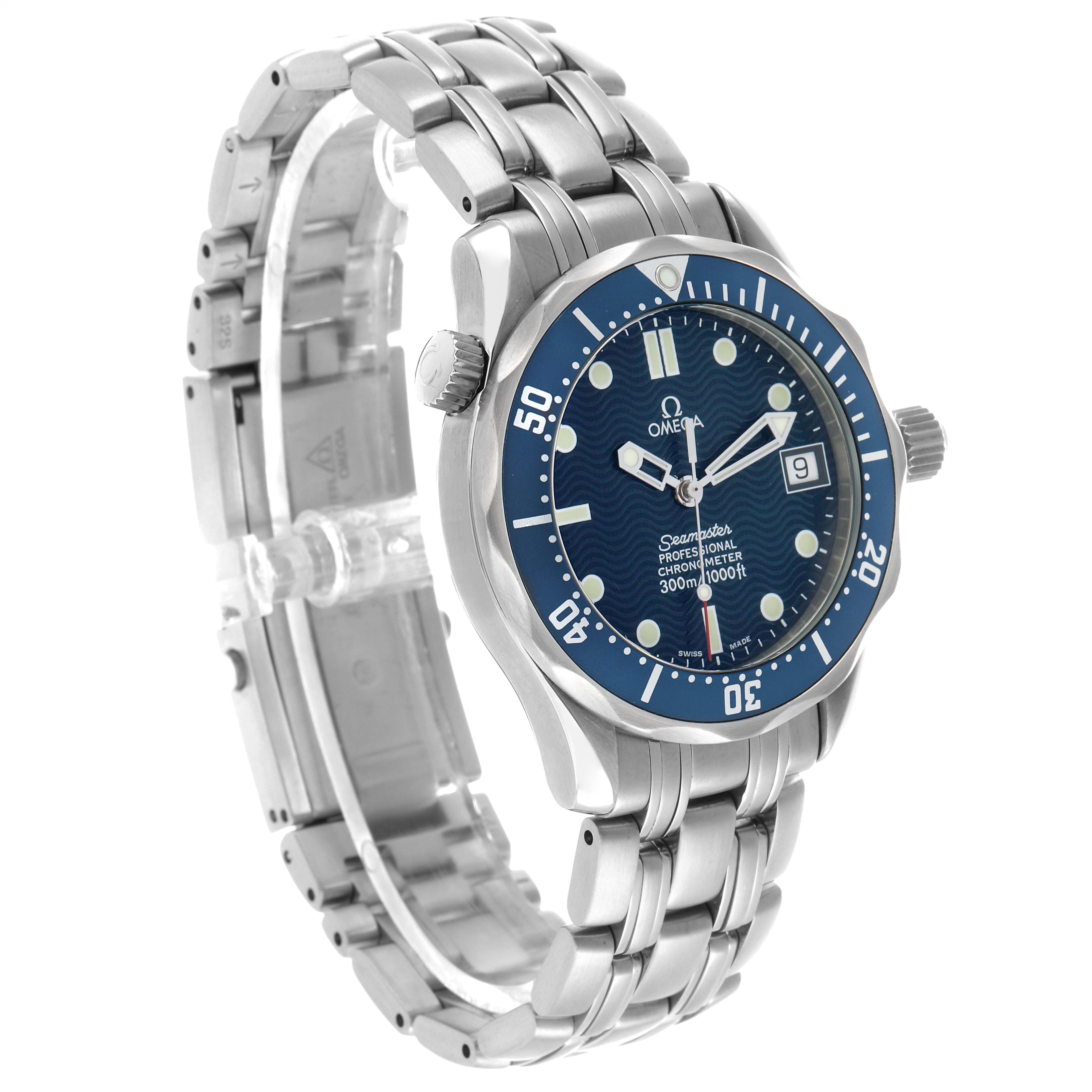 The Omega Seamaster 2551.80.00 Men's Stainless Steel Blue Dial watch is shown at a three-quarter angle, highlighting the blue dial, bezel, and metal bracelet.