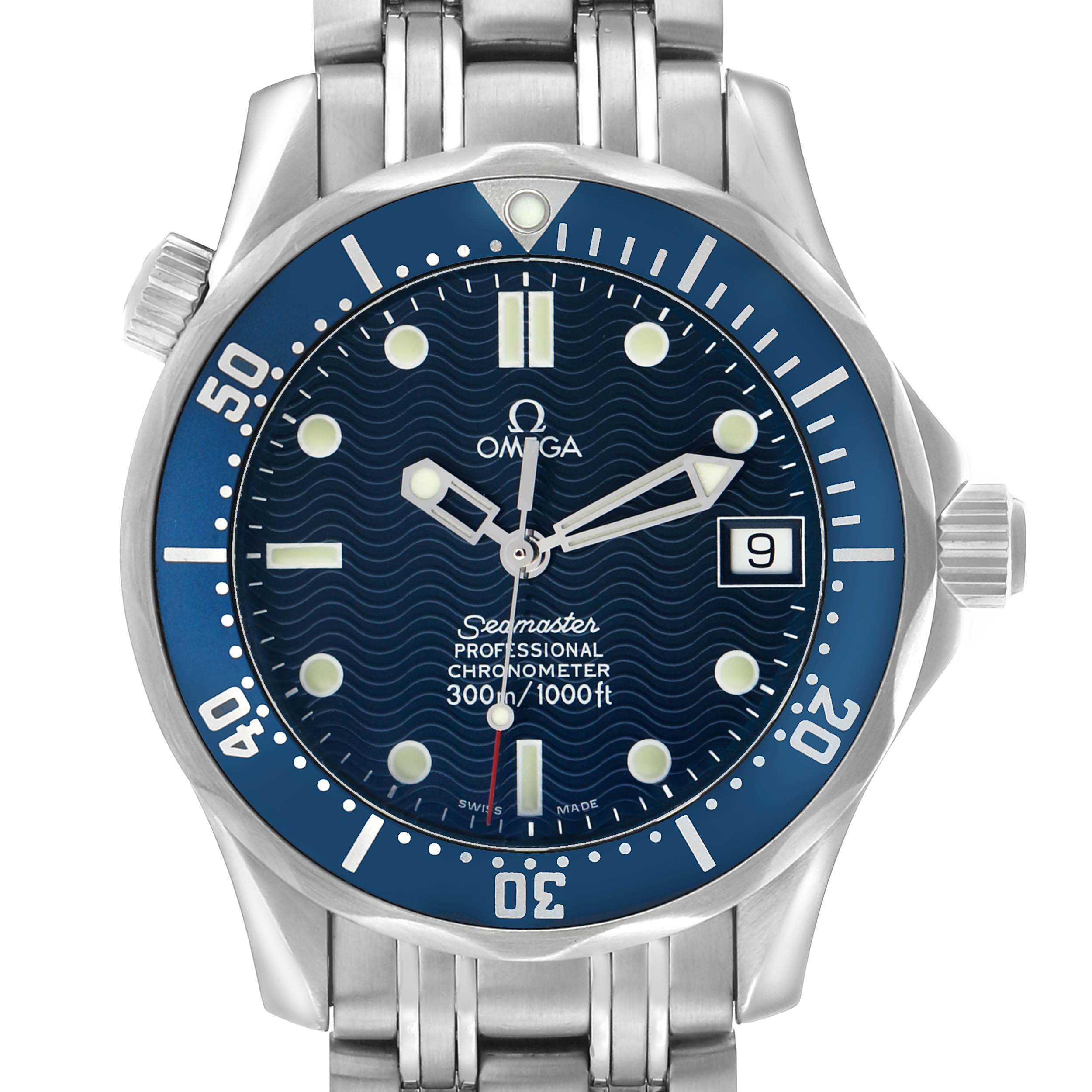 The Omega Seamaster 2551.80.00 Men's Stainless Steel Blue Dial watch is shown from the front, highlighting the dial, bezel, crown, and bracelet.