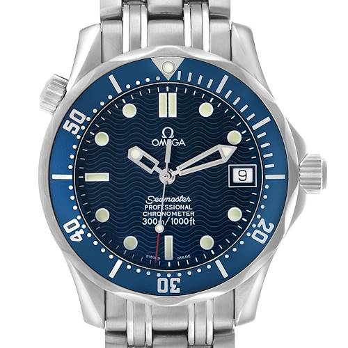 The Omega Seamaster 2551.80.00 Men's Stainless Steel Blue Dial watch is shown from the front, displaying the dial, bezel, and bracelet.