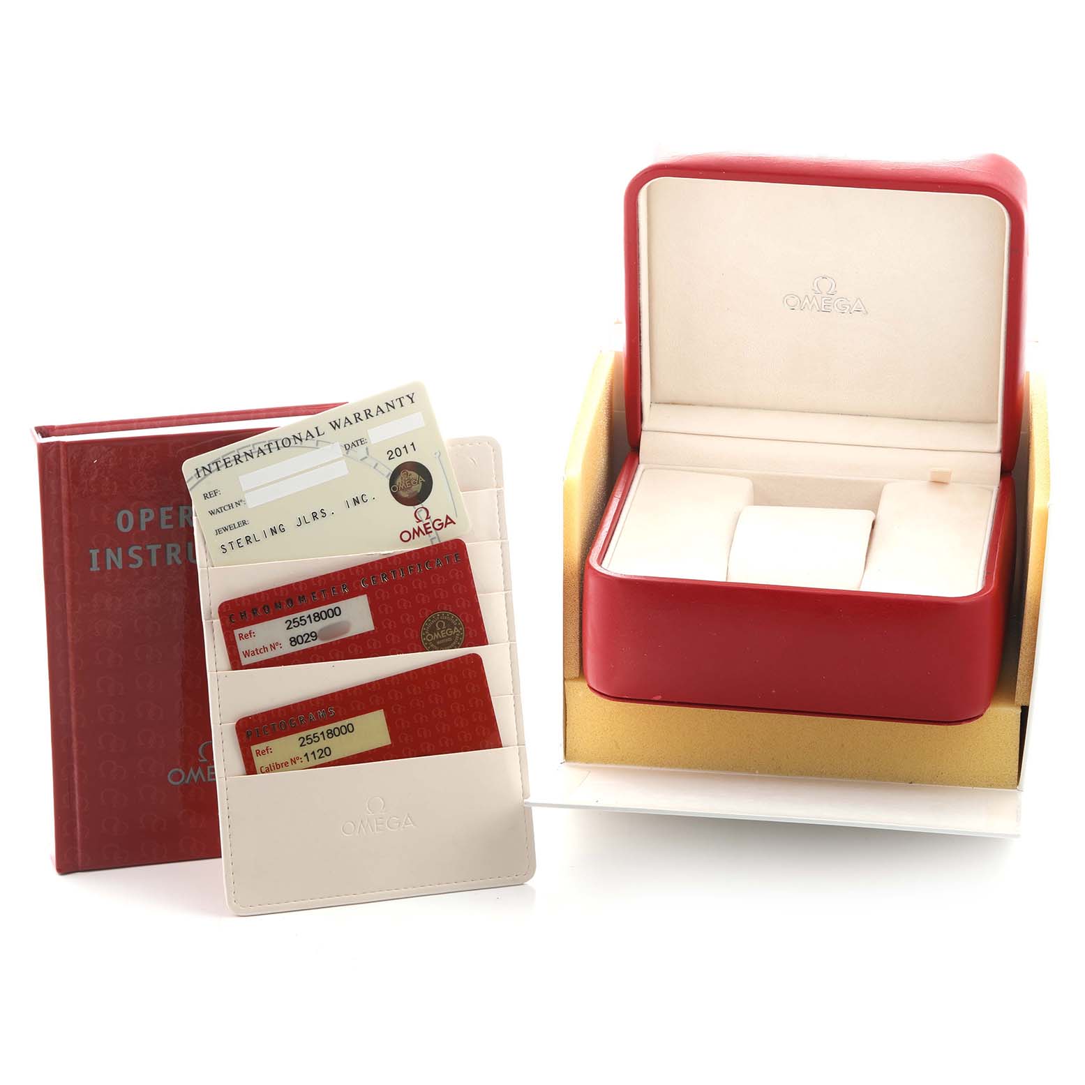 The image shows the packaging and accessories for an Omega Seamaster 2551.80.00 Men's Stainless Steel Blue Dial, including the box, warranty cards, and instruction manual.