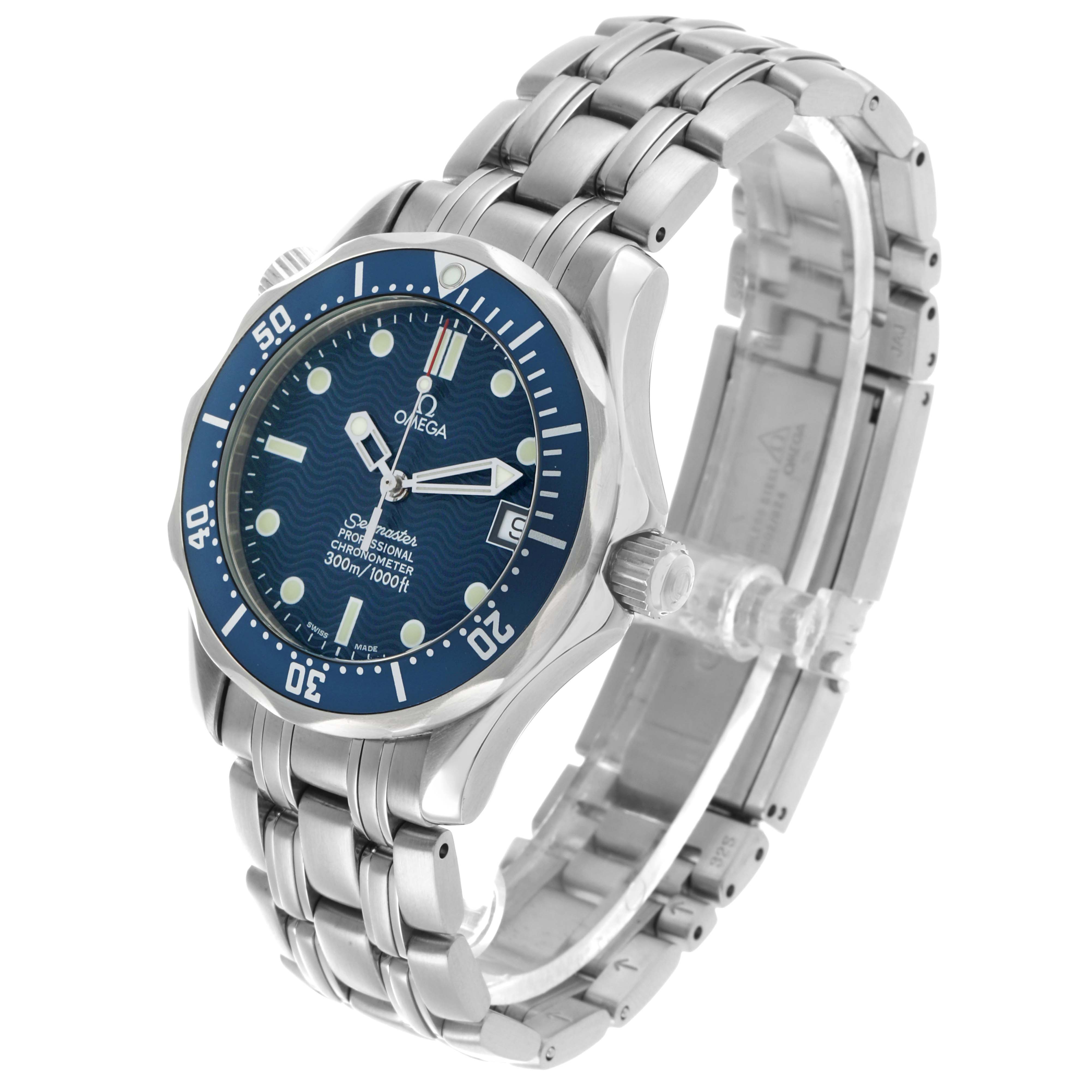 The Omega Seamaster 2551.80.00 Men's Stainless Steel Blue Dial watch is shown at a three-quarter angle, highlighting the face, bezel, and stainless steel bracelet.