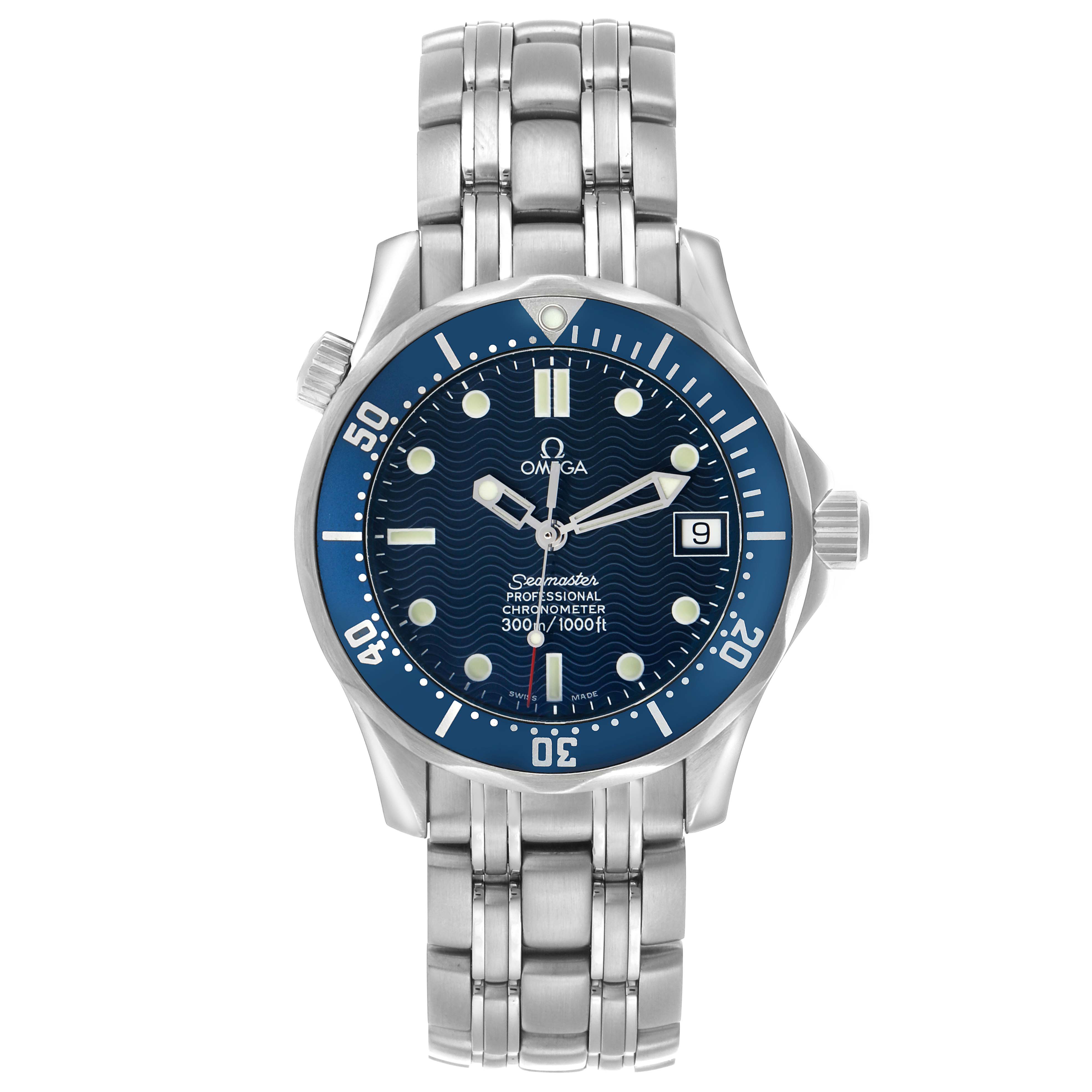The Omega Seamaster 2551.80.00 Men's Stainless Steel Blue Dial watch is shown from a top-down angle, displaying the dial, bezel, case, and bracelet clearly.