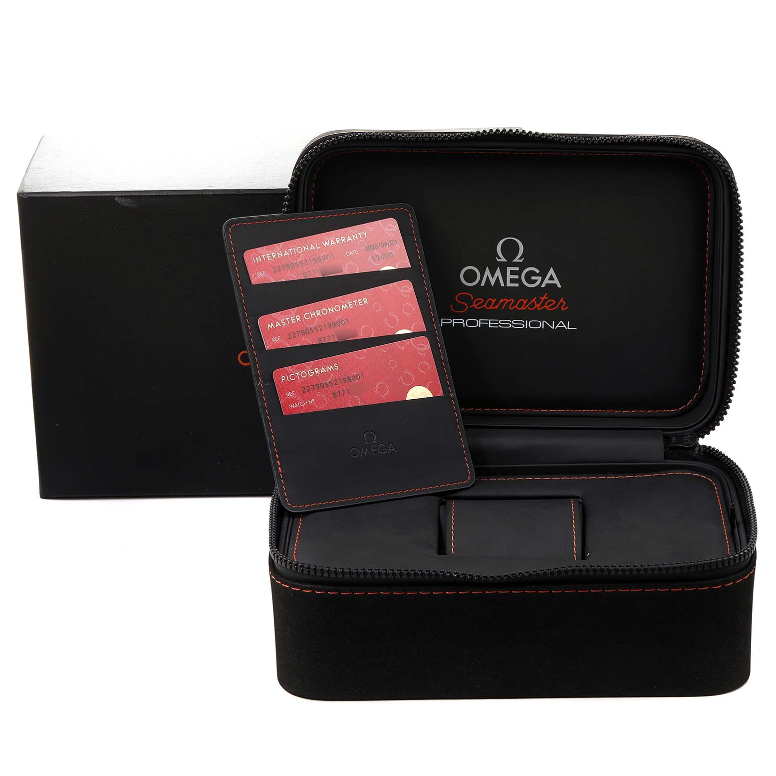 The image shows the Omega Seamaster Ploprof watch's carrying case and warranty cards, viewed from a slightly elevated angle.