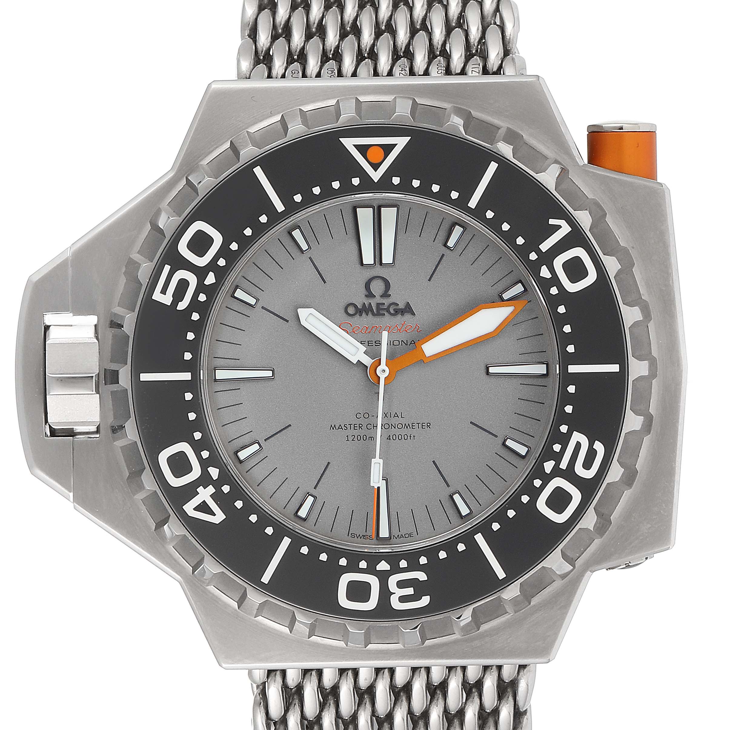 The image shows a front view of the Omega Ploprof 227.90.55.21.99.001 Men's Titanium Grey Dial 227.90.55.21.99.001 Men's Titanium Grey Dial watch, displaying the face, bezel, and part of the metal strap.