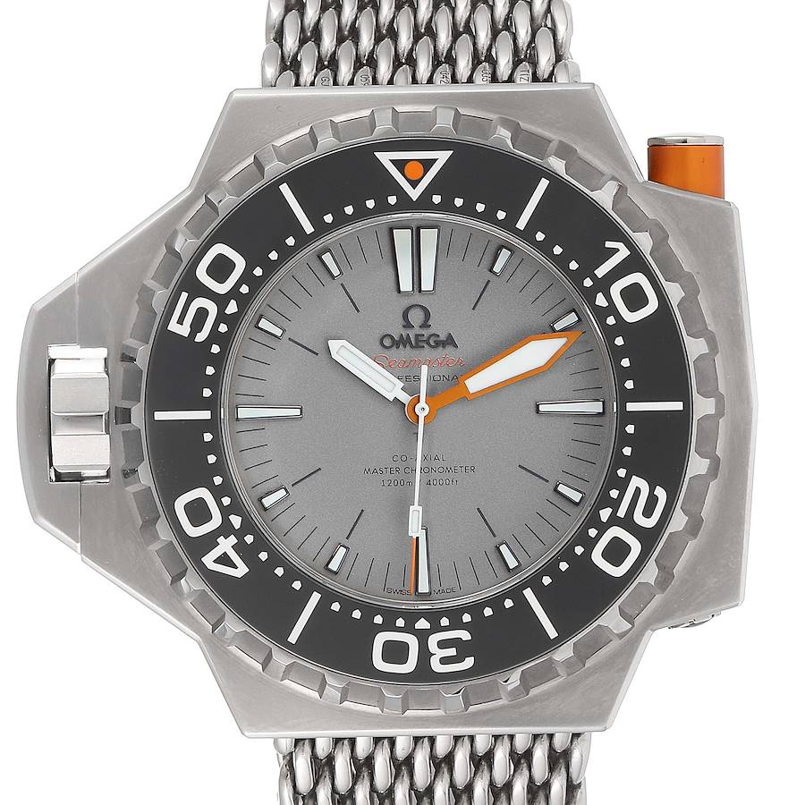 The image shows a front view of the Omega Ploprof watch, displaying the face, bezel, and part of the metal strap.