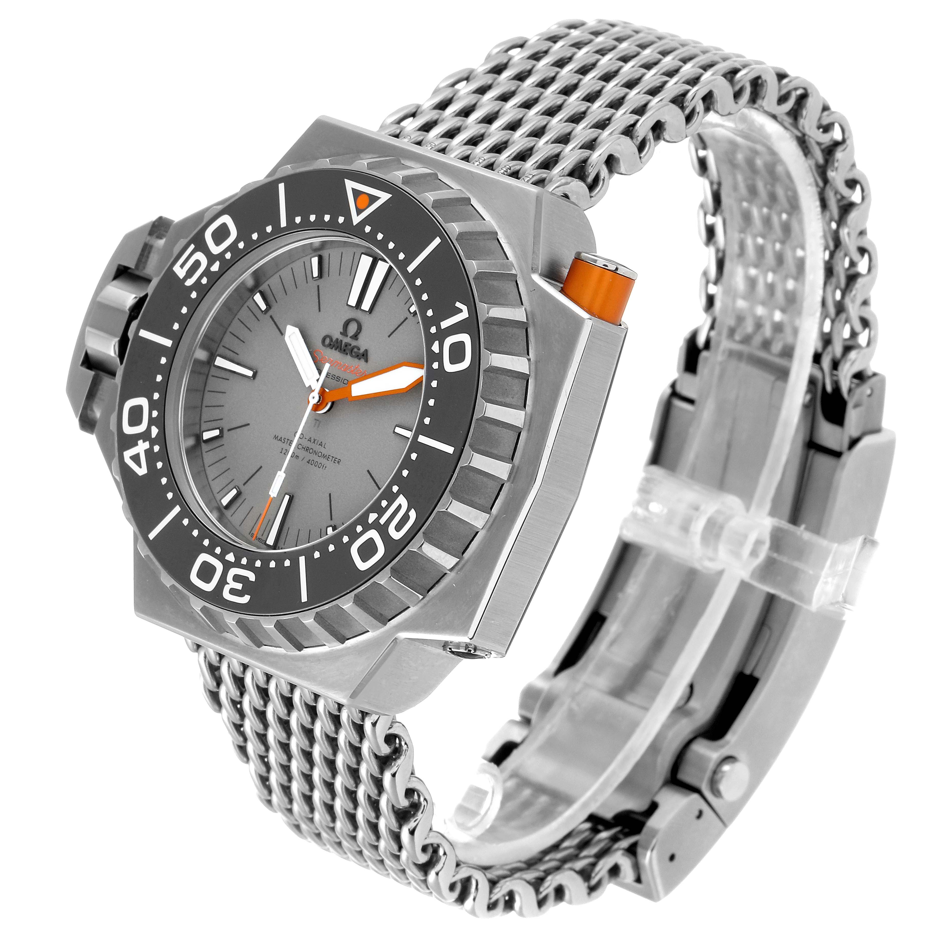 This is an Omega Ploprof 227.90.55.21.99.001 Men's Titanium Grey Dial 227.90.55.21.99.001 Men's Titanium Grey Dial watch shown at an angled view featuring the bezel, dial, case, and mesh bracelet.