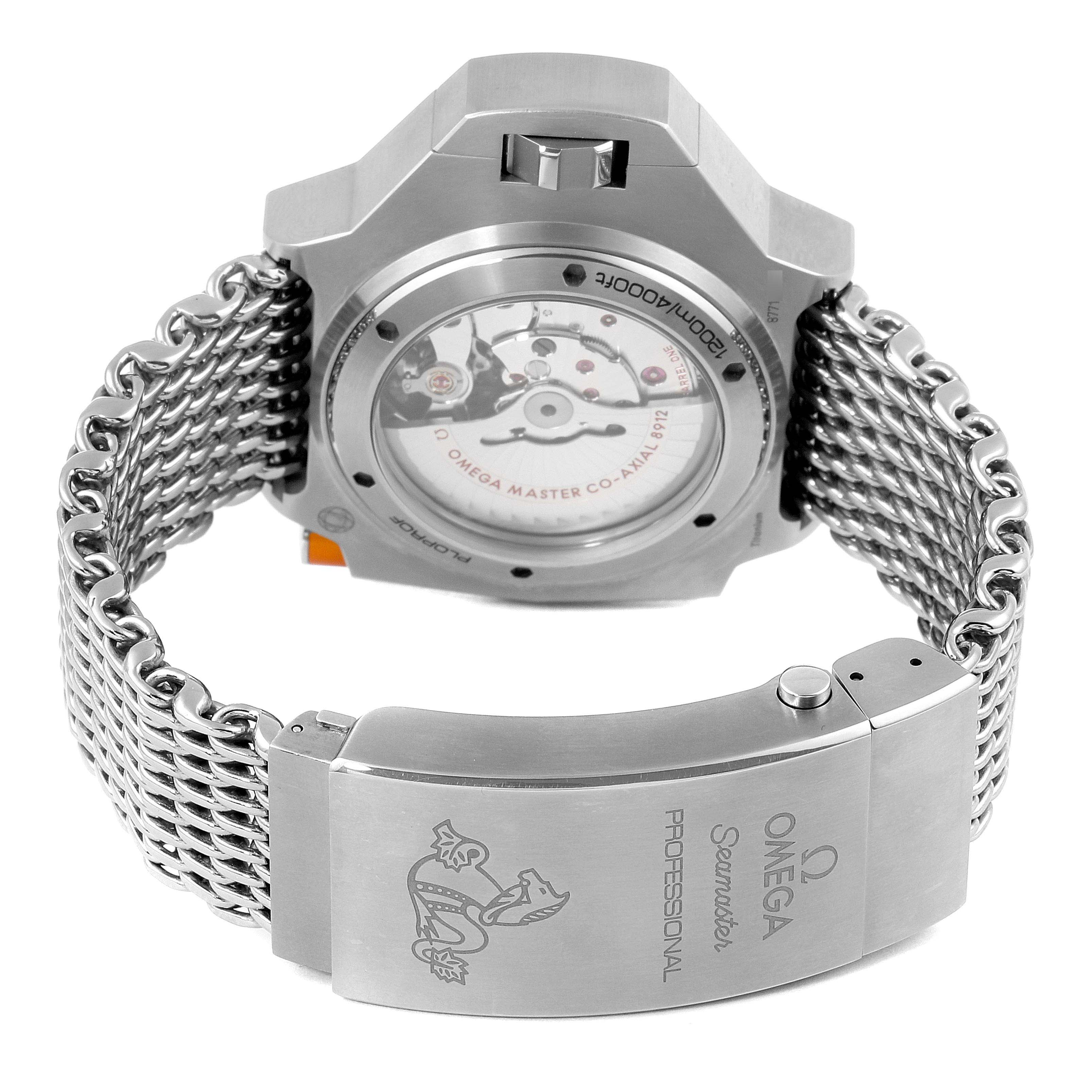 The image shows the back view of the Omega Ploprof 227.90.55.21.99.001 Men's Titanium Grey Dial 227.90.55.21.99.001 Men's Titanium Grey Dial watch, showcasing the case back, movement, and bracelet.