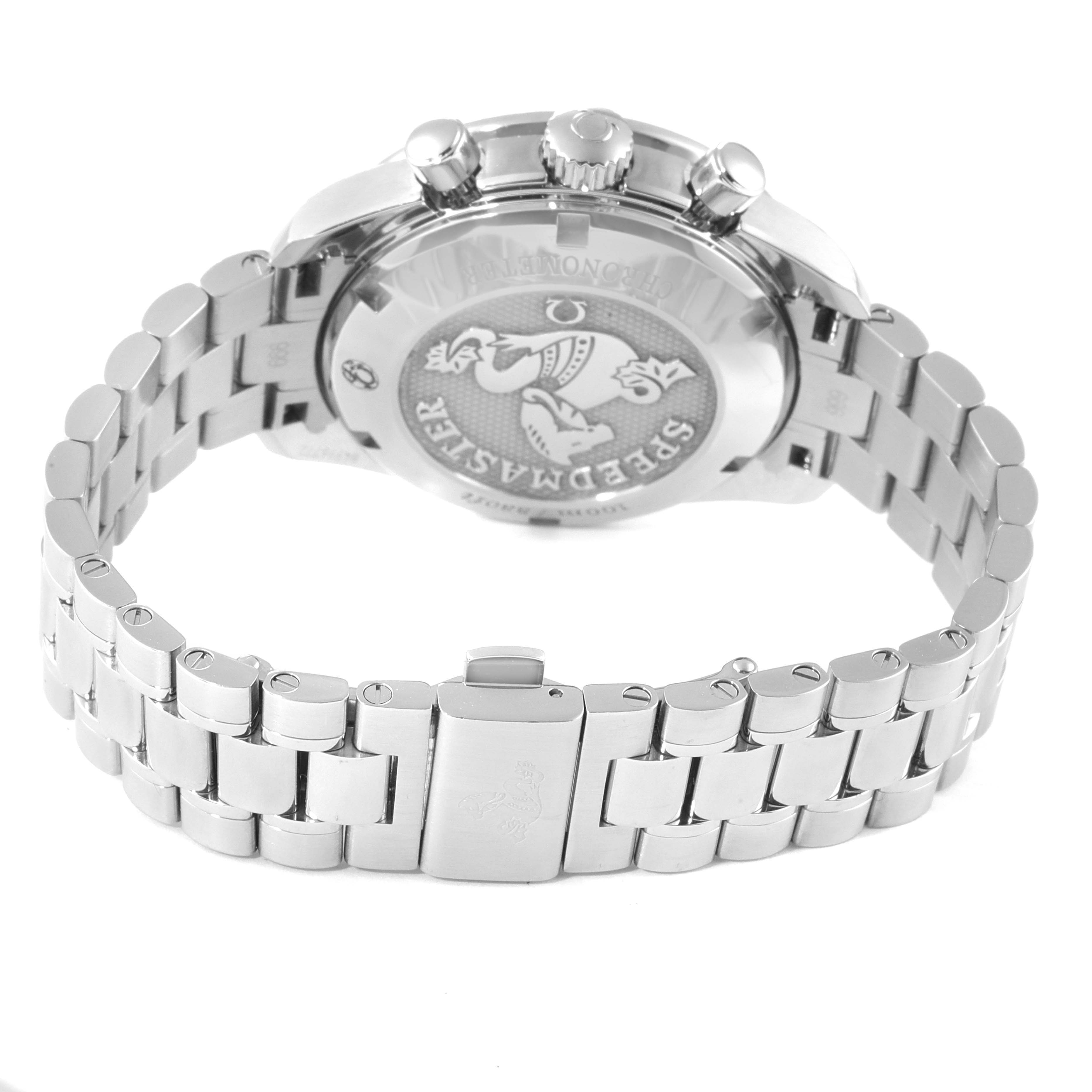 The image shows the back case and bracelet of an Omega Speedmaster 324.30.38.40.06.001 Men
s Stainless Steel Grey Dial 324.30.38.40.06.001 Men
s Stainless Steel Grey Dial watch from an angled, slightly elevated view.