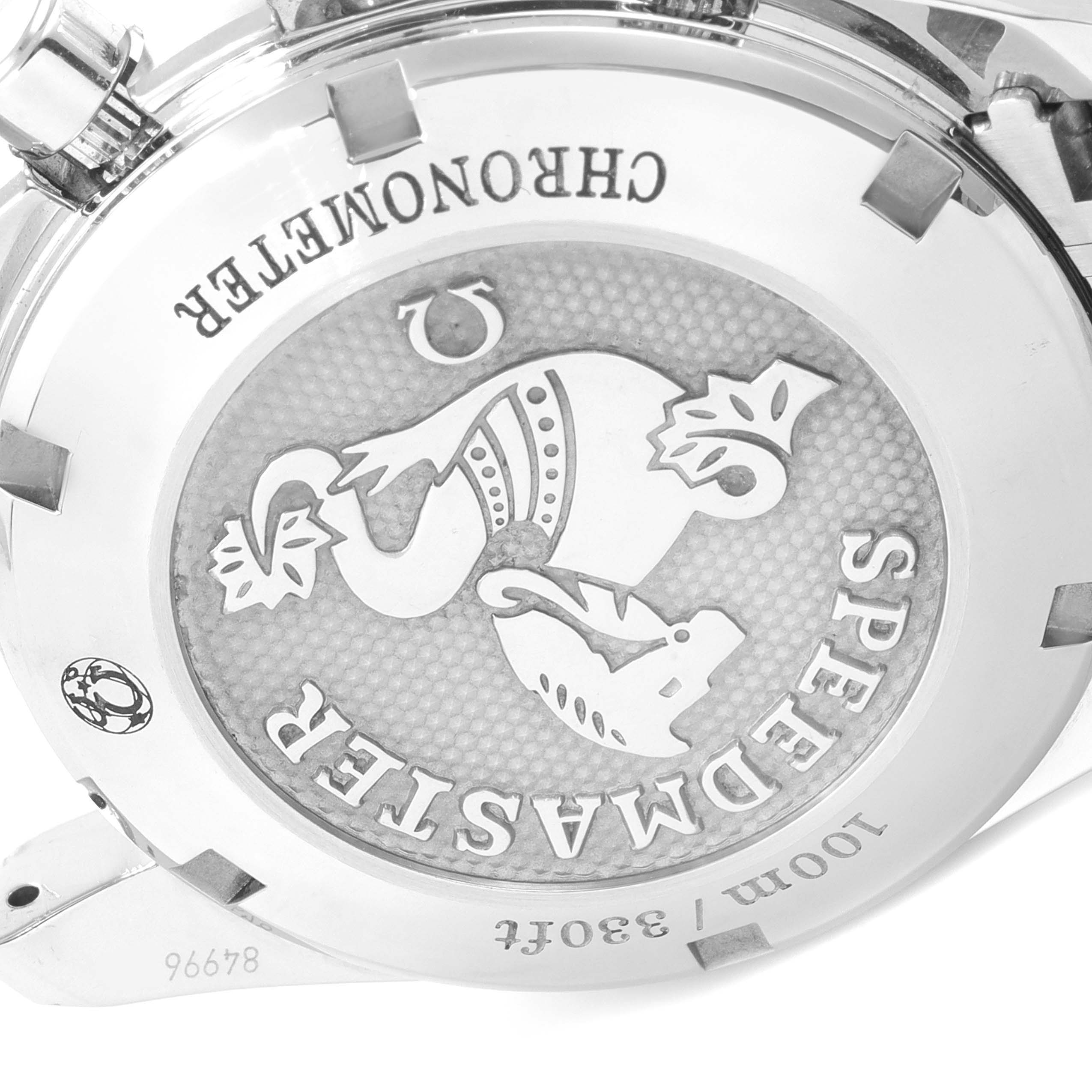 The image shows the back case of the Omega Speedmaster 324.30.38.40.06.001 Men
s Stainless Steel Grey Dial 324.30.38.40.06.001 Men
s Stainless Steel Grey Dial watch featuring the model
s signature design and engravings.