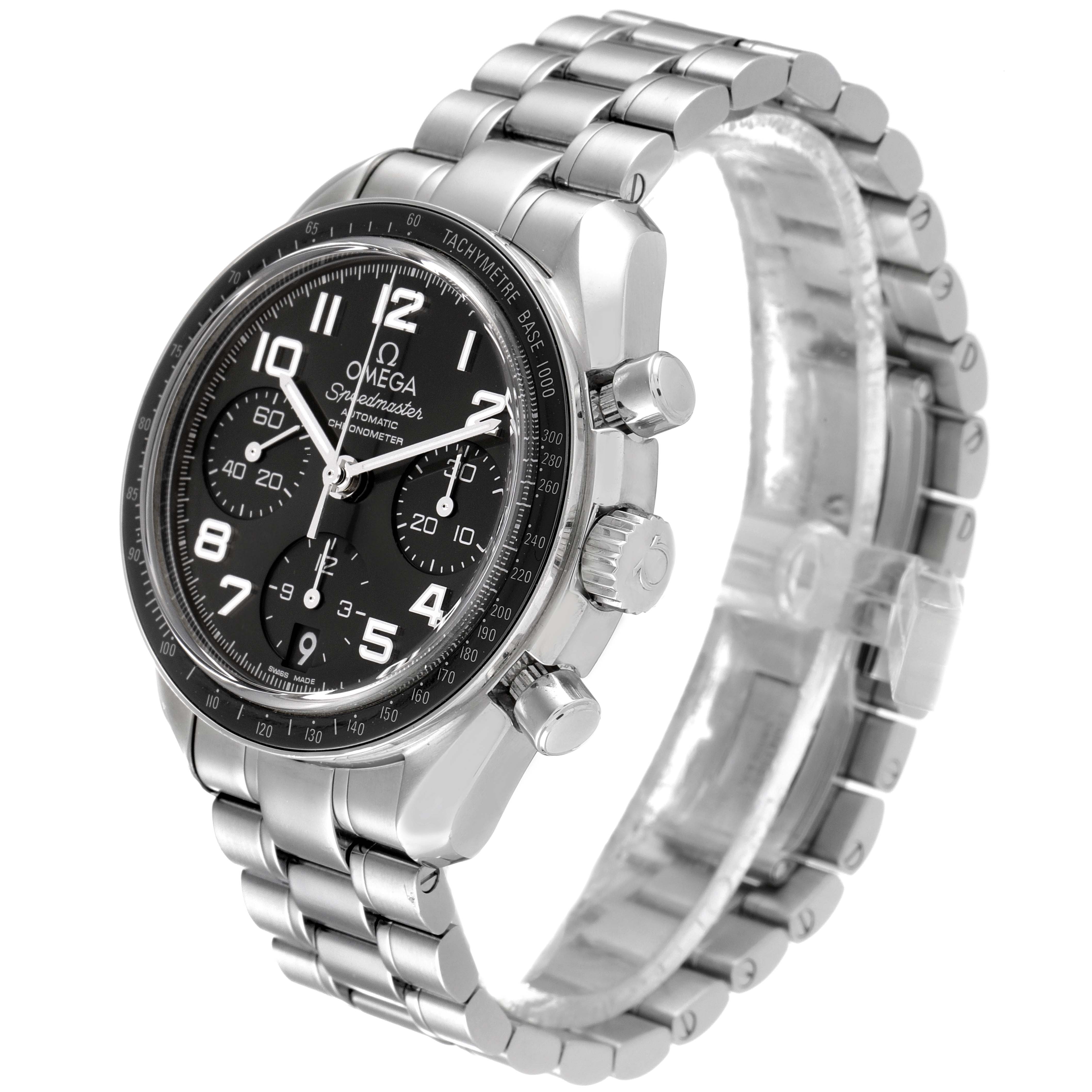 The image shows an angled side view of the Omega Speedmaster 324.30.38.40.06.001 Men
s Stainless Steel Grey Dial 324.30.38.40.06.001 Men
s Stainless Steel Grey Dial watch, highlighting the watch face, bezel, and metal bracelet.