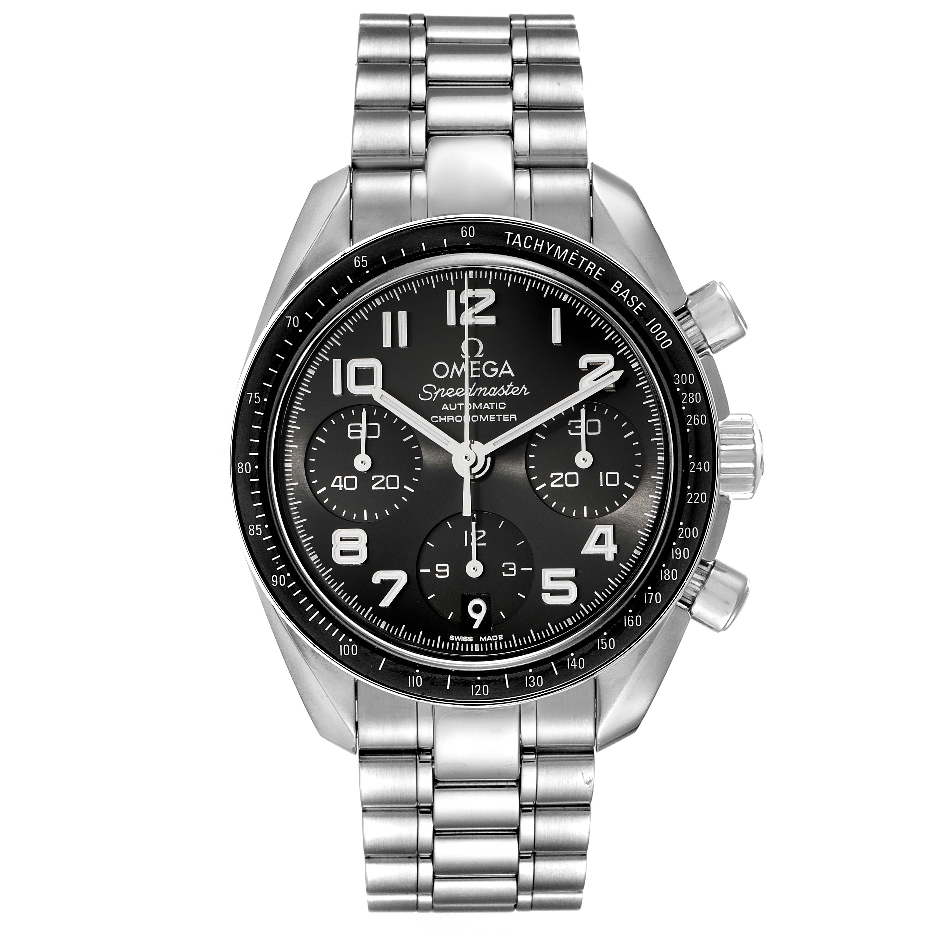 The image shows a front view of an Omega Speedmaster 324.30.38.40.06.001 Men
s Stainless Steel Grey Dial 324.30.38.40.06.001 Men
s Stainless Steel Grey Dial watch, highlighting its dial, bracelet, and chronograph pushers.