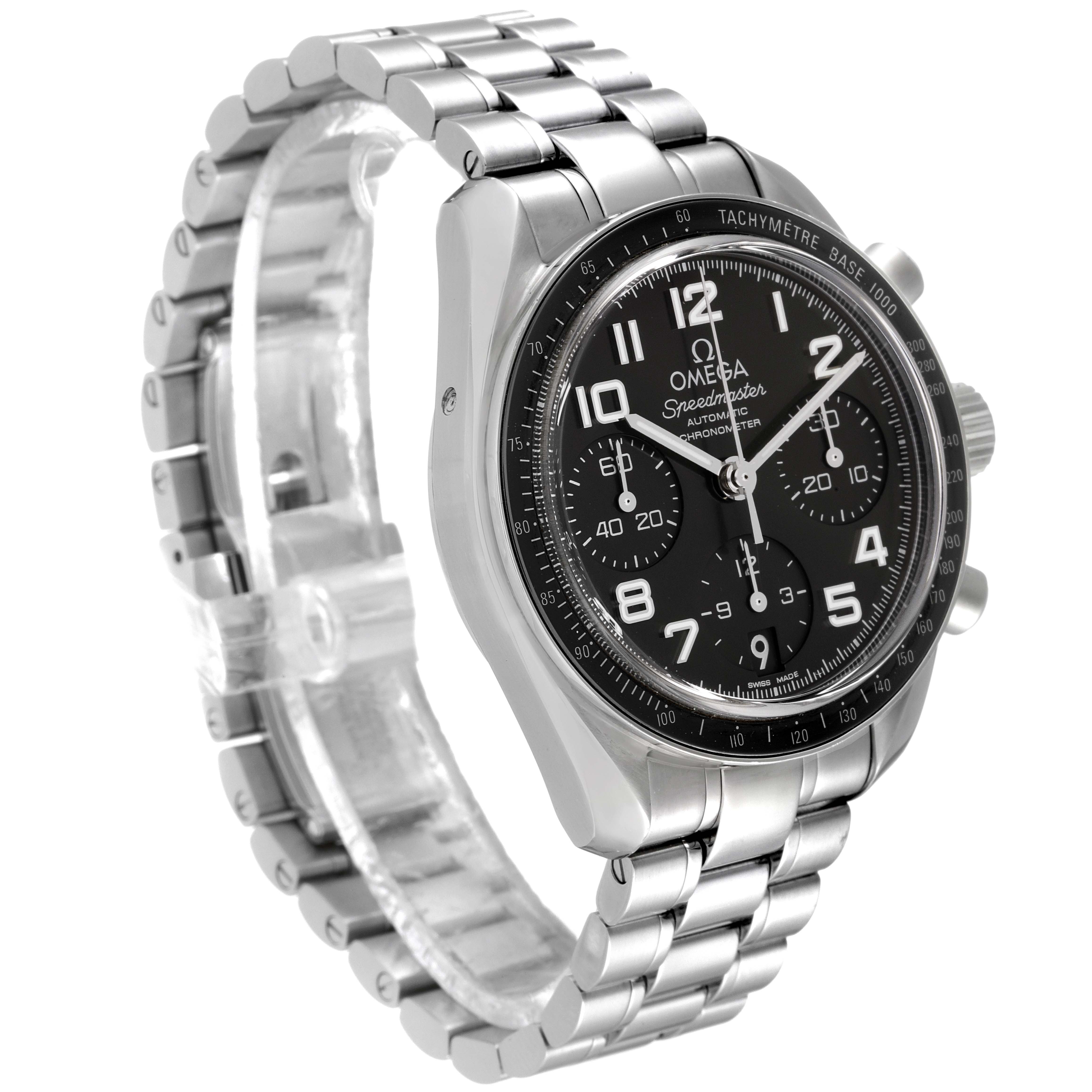 The Omega Speedmaster 324.30.38.40.06.001 Men
s Stainless Steel Grey Dial 324.30.38.40.06.001 Men
s Stainless Steel Grey Dial watch is shown at a three-quarter angle, displaying its face, bezel, case, and metal bracelet.