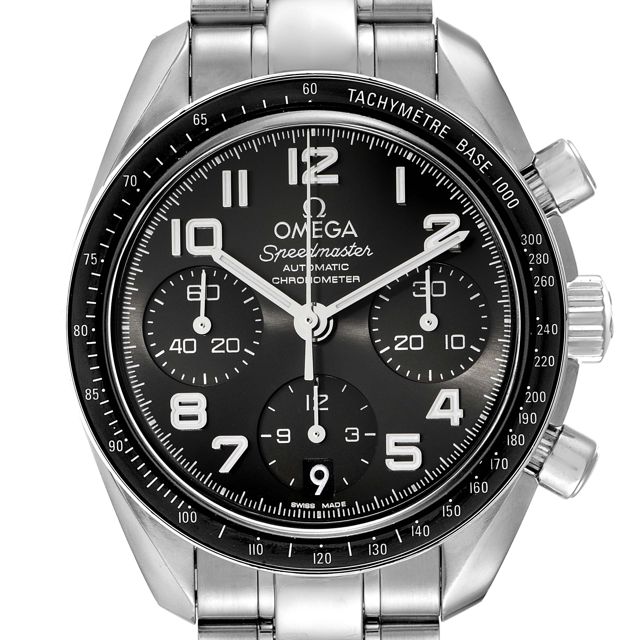 The image shows a front view of the Omega Speedmaster 324.30.38.40.06.001 Men
s Stainless Steel Grey Dial 324.30.38.40.06.001 Men
s Stainless Steel Grey Dial watch, highlighting its dial, bezel, and chronograph buttons.