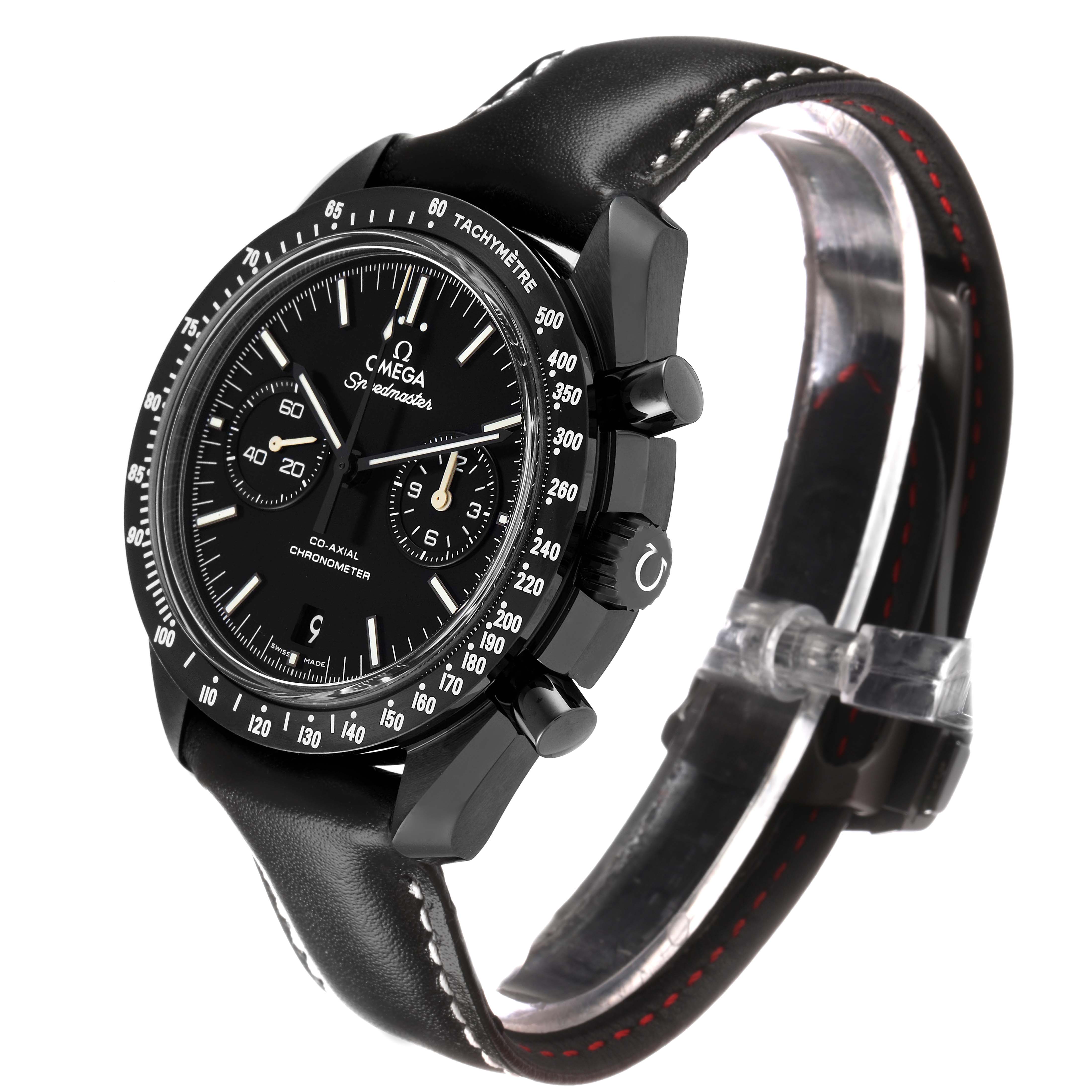 The Omega Speedmaster O311.92.44.51.01.003 Men's Ceramic Black Dial watch is shown from a side angle highlighting the face, bezel, crown, pushers, and leather strap.