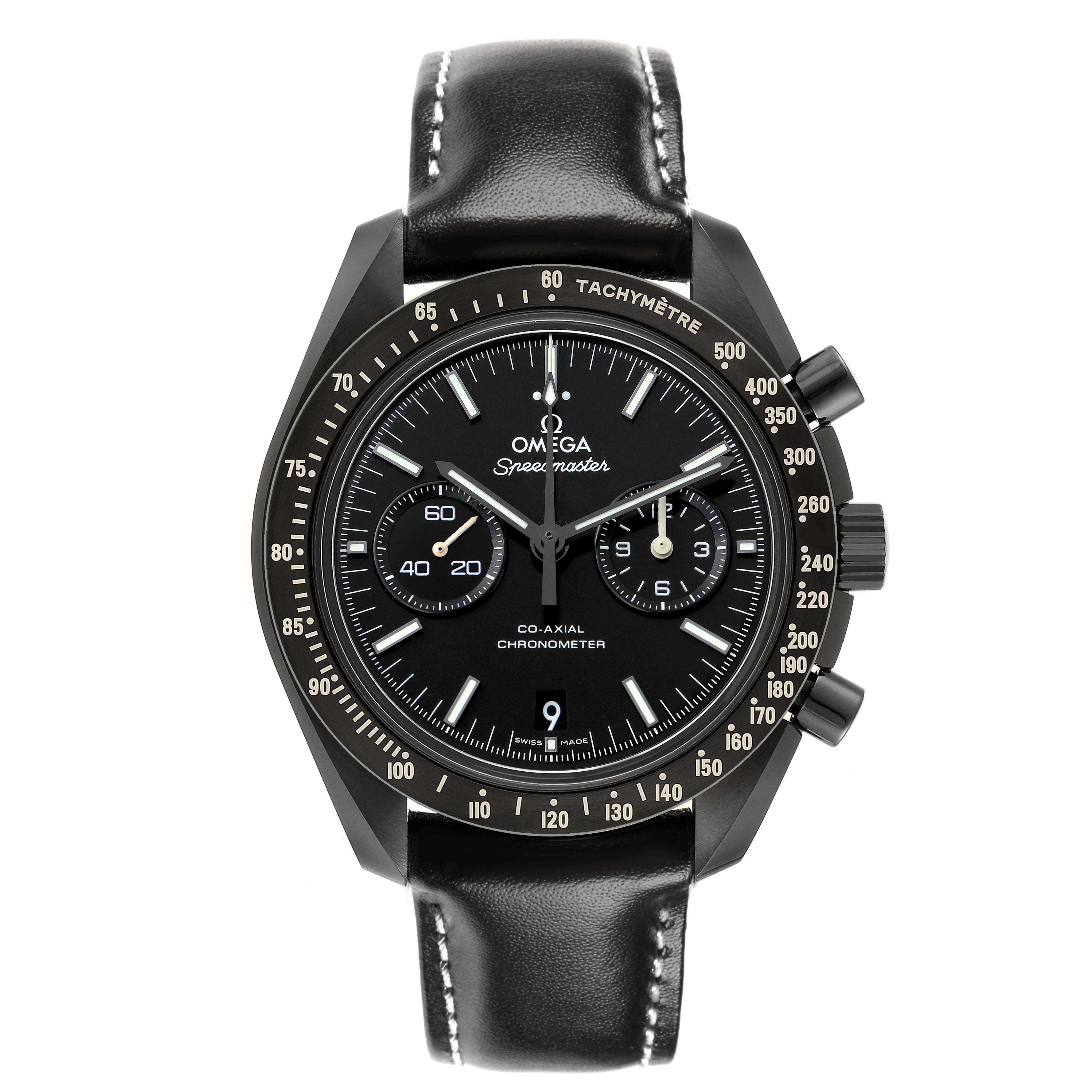The Omega Speedmaster O311.92.44.51.01.003 Men's Ceramic Black Dial watch is shown from a front view, displaying its dial, bezel, and leather strap.
