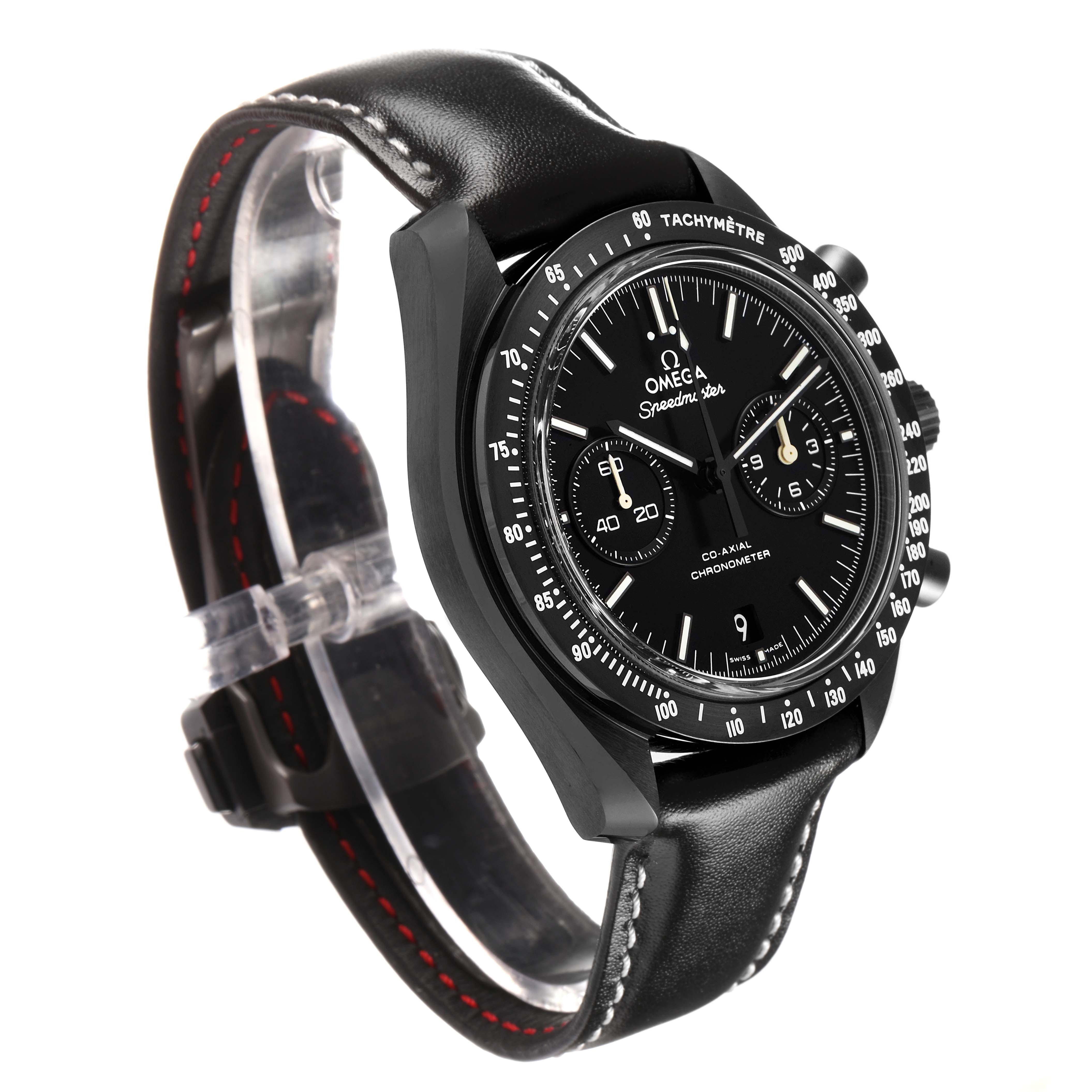 The Omega Speedmaster O311.92.44.51.01.003 Men's Ceramic Black Dial watch is shown at a three-quarter angle, highlighting its black dial, bezel, and strap.