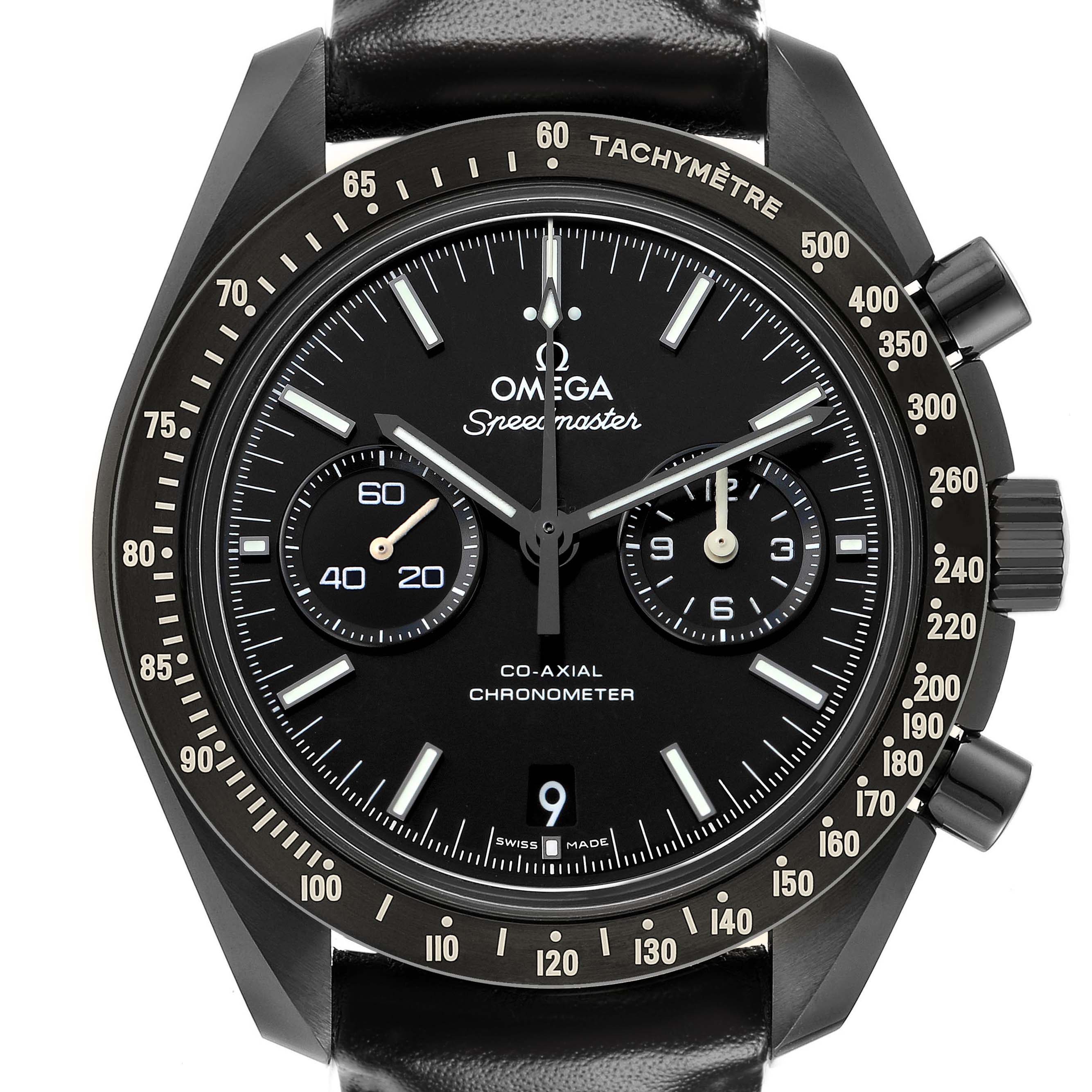 The Omega Speedmaster O311.92.44.51.01.003 Men's Ceramic Black Dial watch is shown from a front angle, highlighting its face, bezel, dial, and pushers.