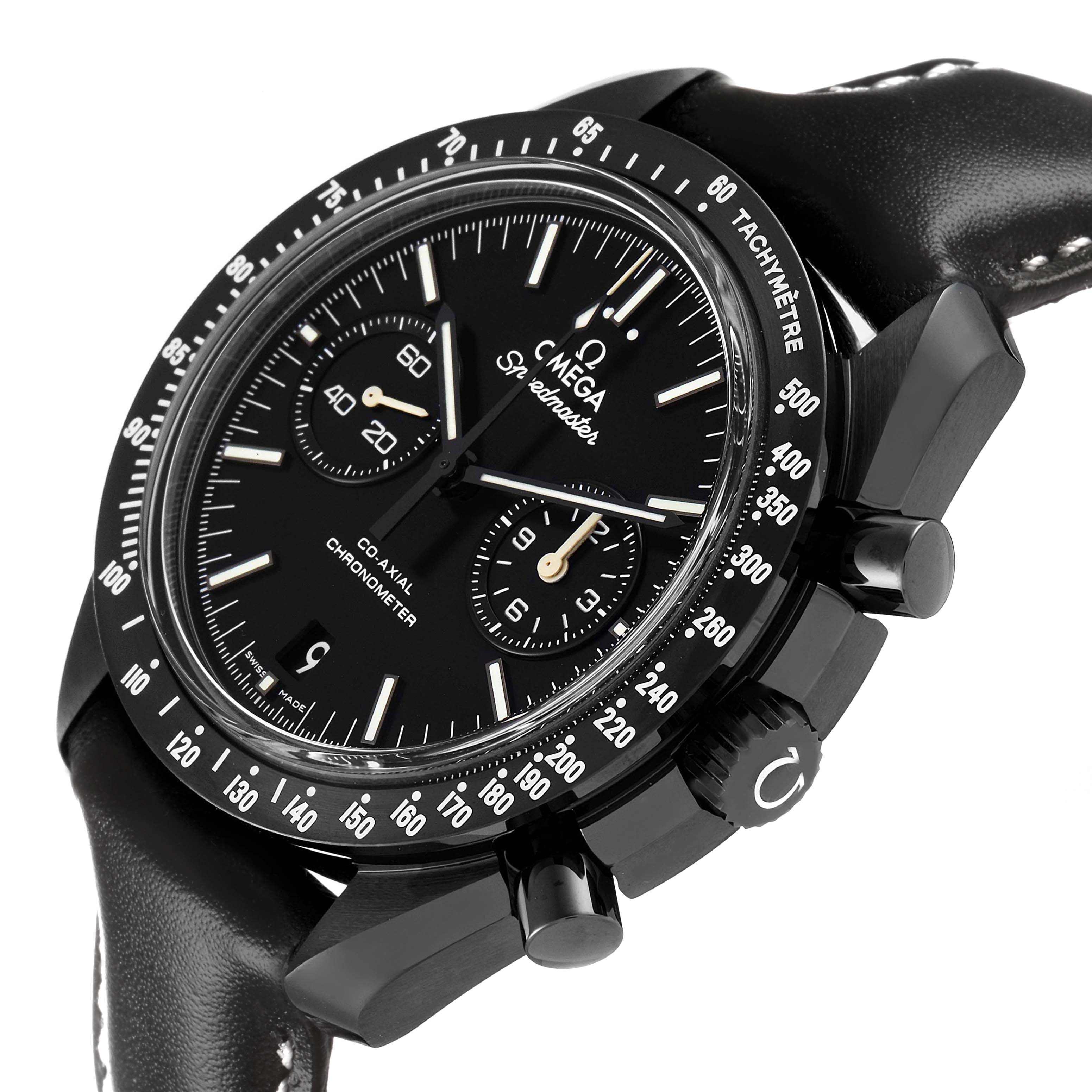 The Omega Speedmaster O311.92.44.51.01.003 Men's Ceramic Black Dial watch is shown at an angled view, highlighting the dial, tachymeter bezel, crown, and pushers.