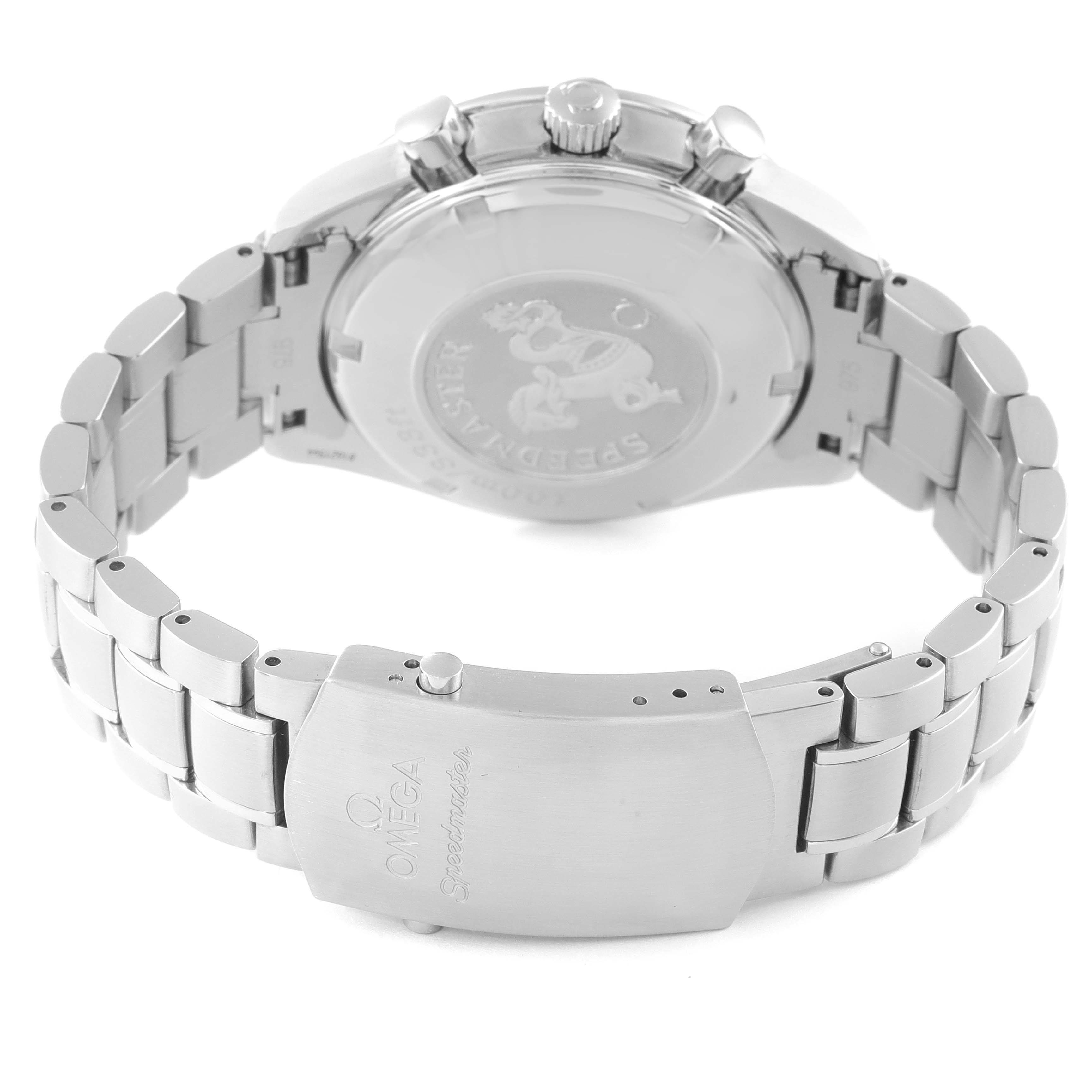 The image shows the back case, clasp, and bracelet of an Omega Speedmaster 3210.51.00 Men's Stainless Steel Black Dial 3210.51.00 Men's Stainless Steel Black Dial watch.