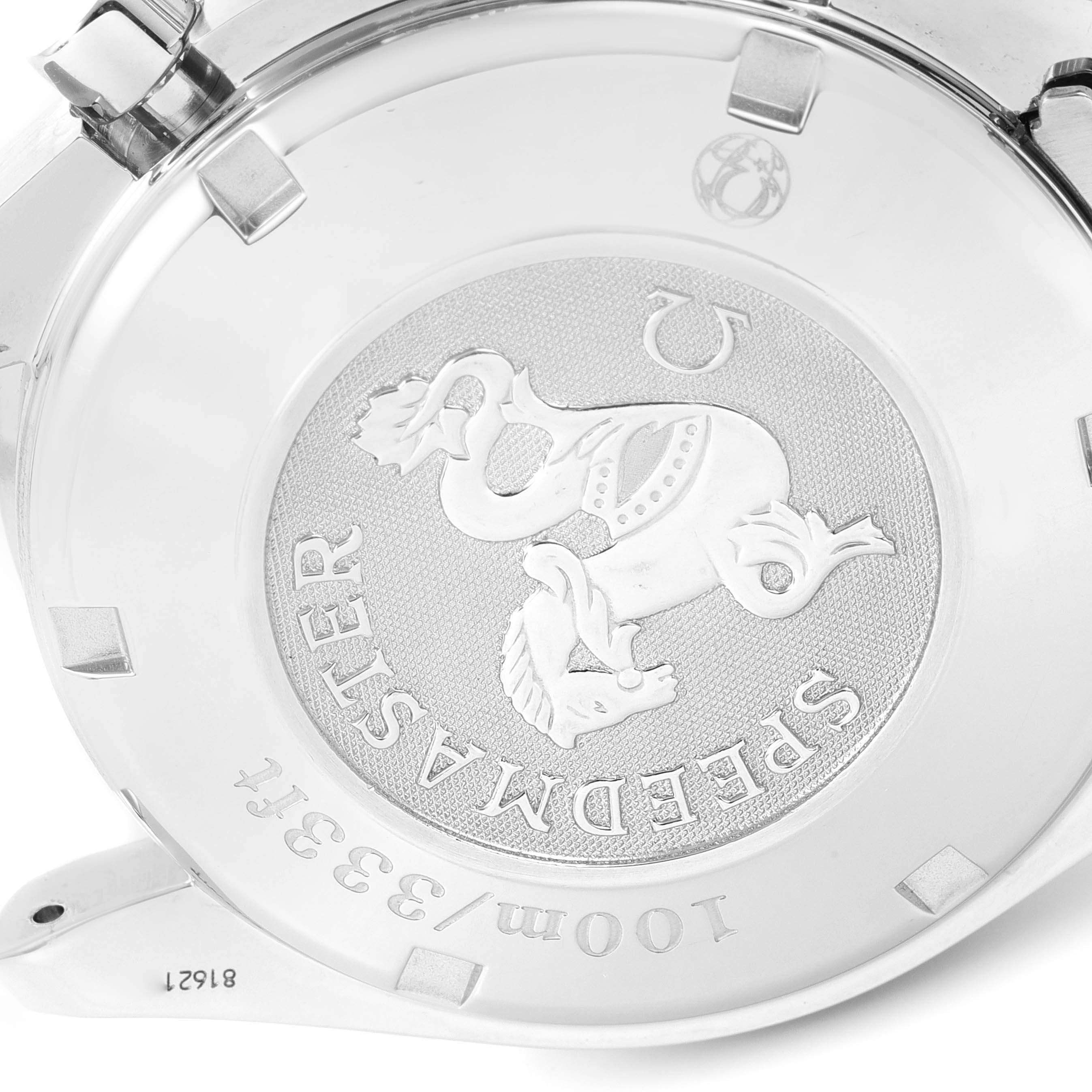 This image shows the engraved case back of an Omega Speedmaster 3210.51.00 Men's Stainless Steel Black Dial 3210.51.00 Men's Stainless Steel Black Dial watch, featuring the brand's emblem and model-specific details.