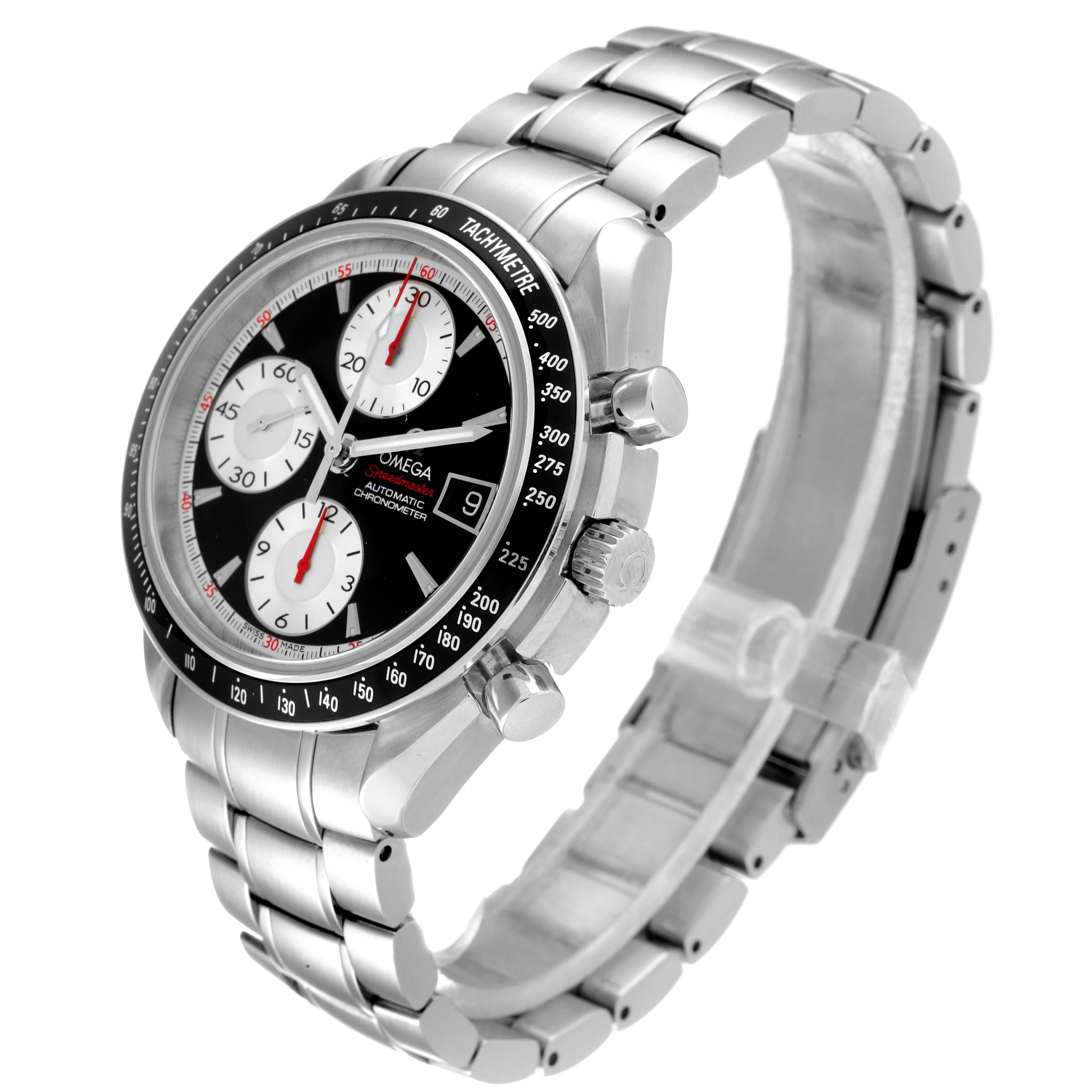 The image shows an angled view of an Omega Speedmaster 3210.51.00 Men's Stainless Steel Black Dial 3210.51.00 Men's Stainless Steel Black Dial watch, highlighting the dial, bezel, crown, pushers, and bracelet.