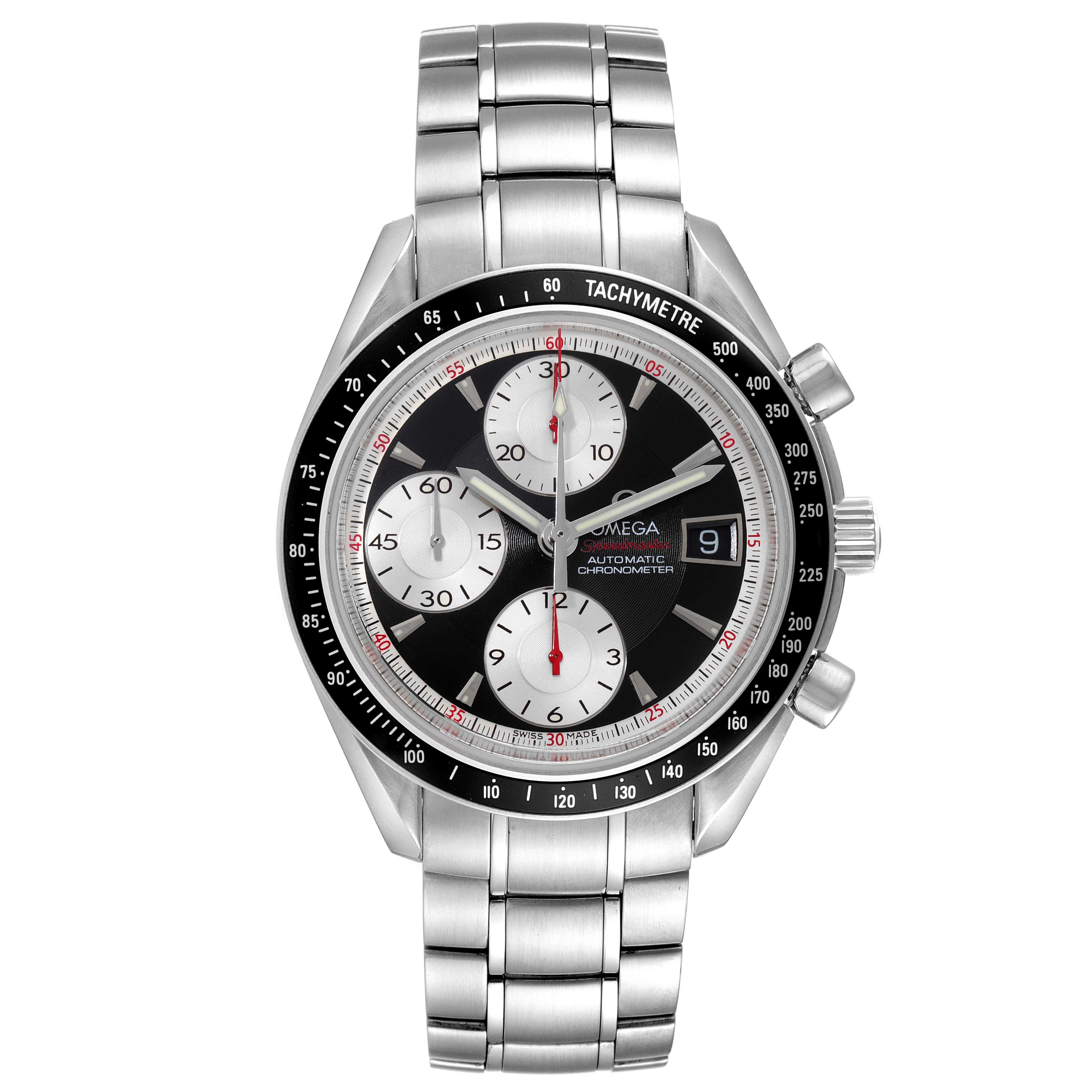 The image shows a frontal view of the Omega Speedmaster 3210.51.00 Men's Stainless Steel Black Dial 3210.51.00 Men's Stainless Steel Black Dial watch, featuring its dial, bezel, and metal bracelet.