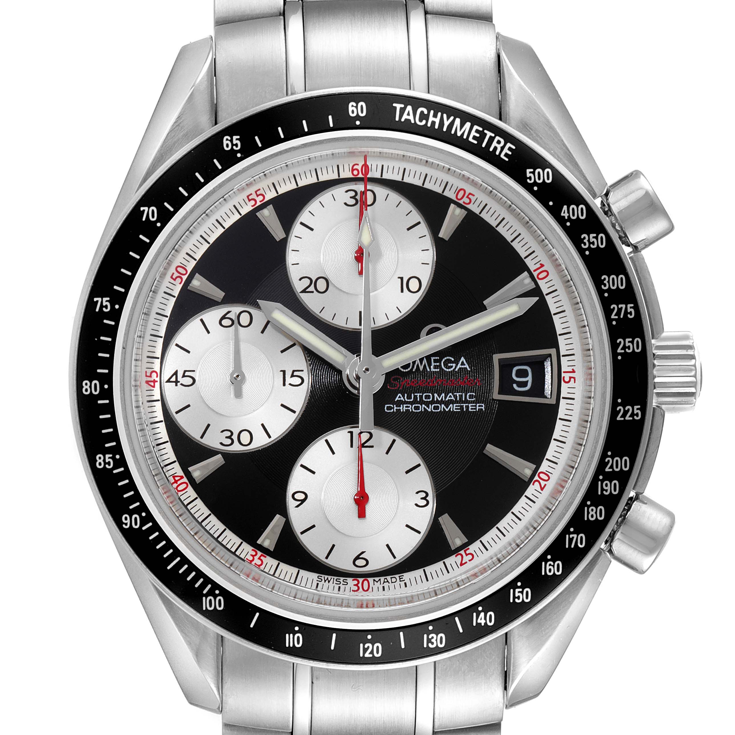 This front-facing image showcases the dial, tachymeter bezel, and pushers of the Omega Speedmaster 3210.51.00 Men's Stainless Steel Black Dial 3210.51.00 Men's Stainless Steel Black Dial watch.