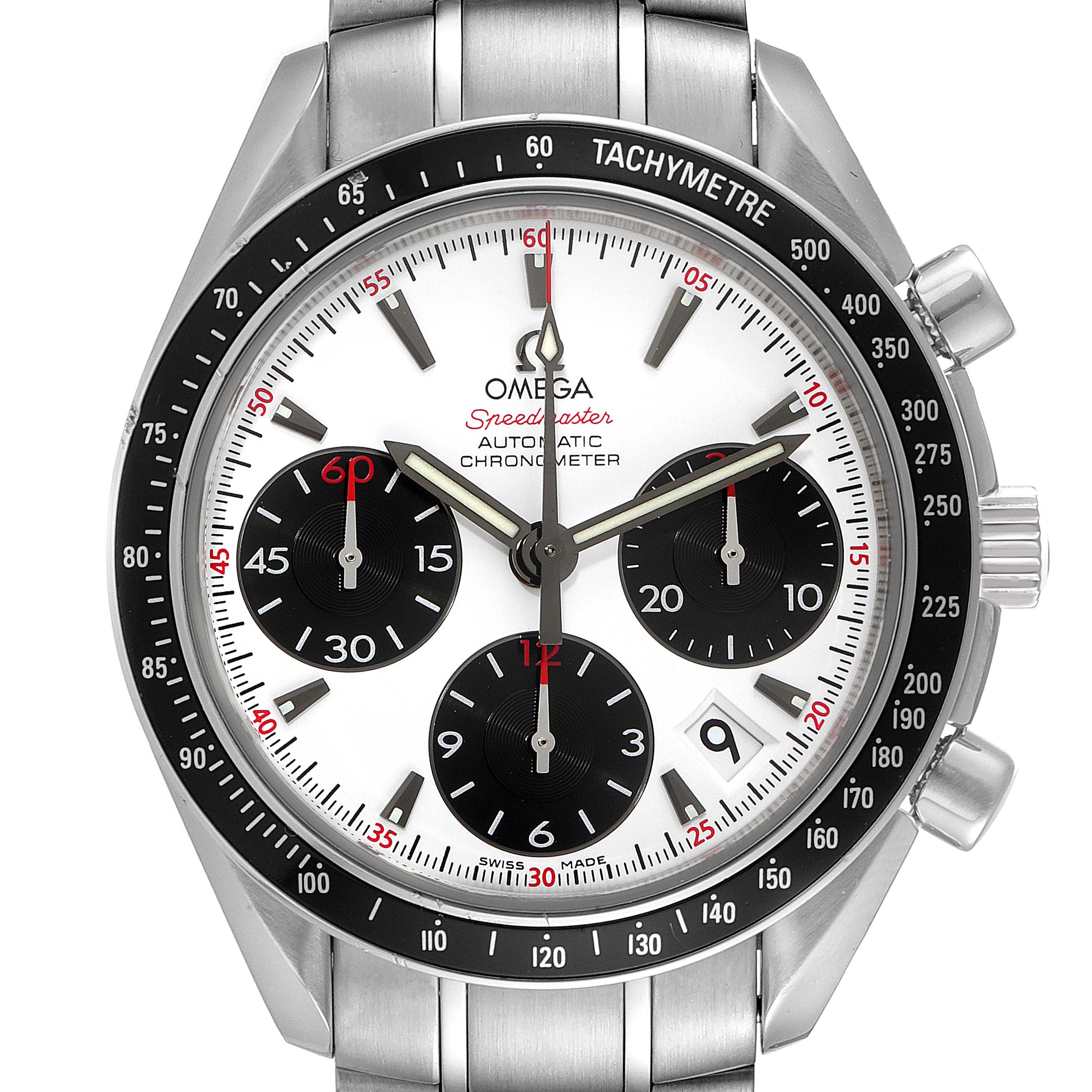 The image shows a front view of the Omega Speedmaster 323.30.40.40.04.001 Men's Stainless Steel White Dial 323.30.40.40.04.001 Men's Stainless Steel White Dial watch, highlighting the dial, chronograph subdials, and tachymeter bezel.